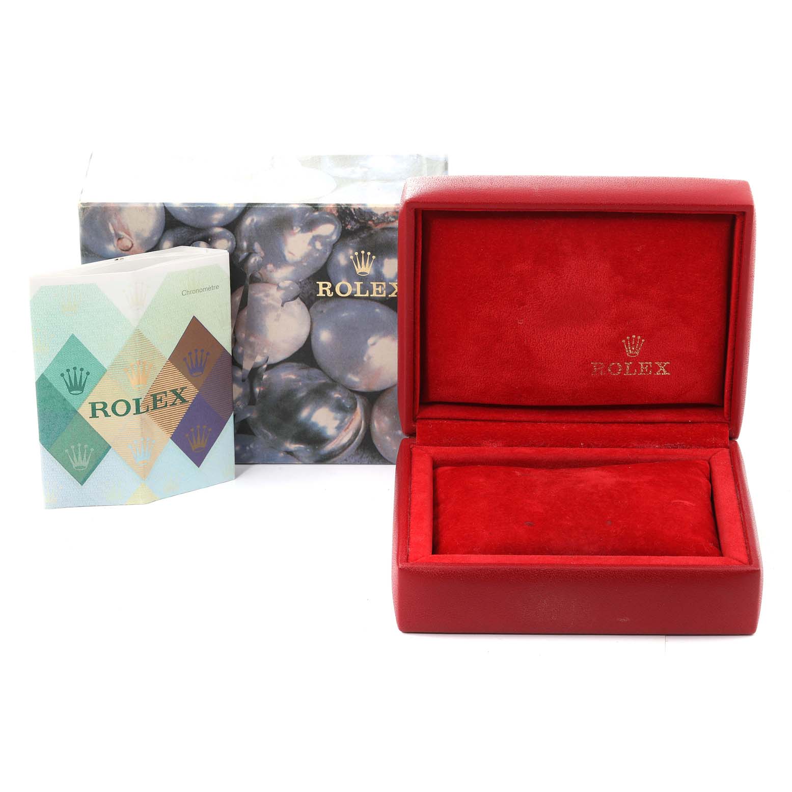 The image shows the packaging and booklet for a Rolex Datejust 79173 Women's Steel and Gold (two tone) Champagne Dial 79173 Women's Steel and Gold (two tone) Champagne Dial, including a decorative box and a red display case.