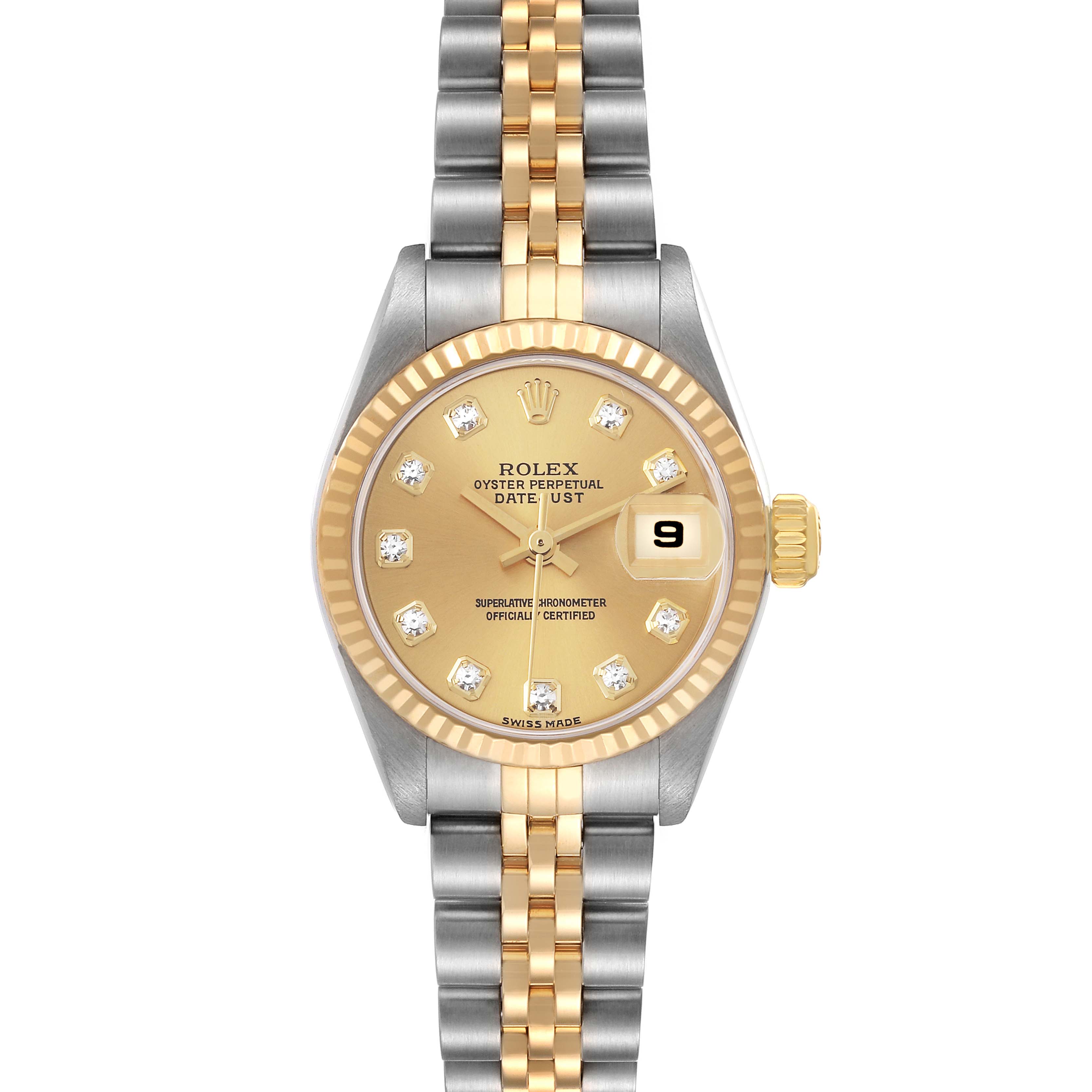 This Rolex Datejust 79173 Women's Steel and Gold (two tone) Champagne Dial 79173 Women's Steel and Gold (two tone) Champagne Dial watch is shown from the front angle, displaying the face, bezel, crown, and bracelet in detail.