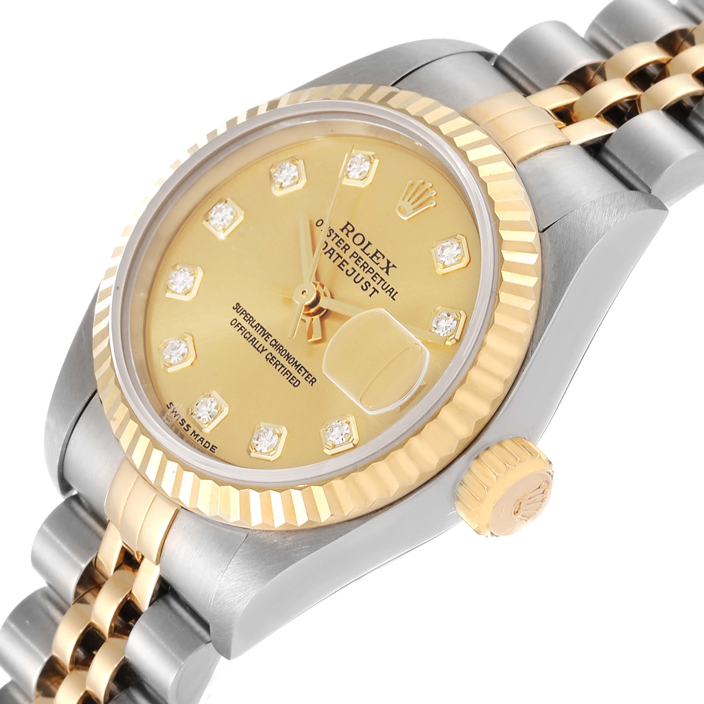 This image shows a close-up angle of the Rolex Datejust 79173 Women's Steel and Gold (two tone) Champagne Dial 79173 Women's Steel and Gold (two tone) Champagne Dial watch featuring the dial, crown, and part of the two-tone bracelet.