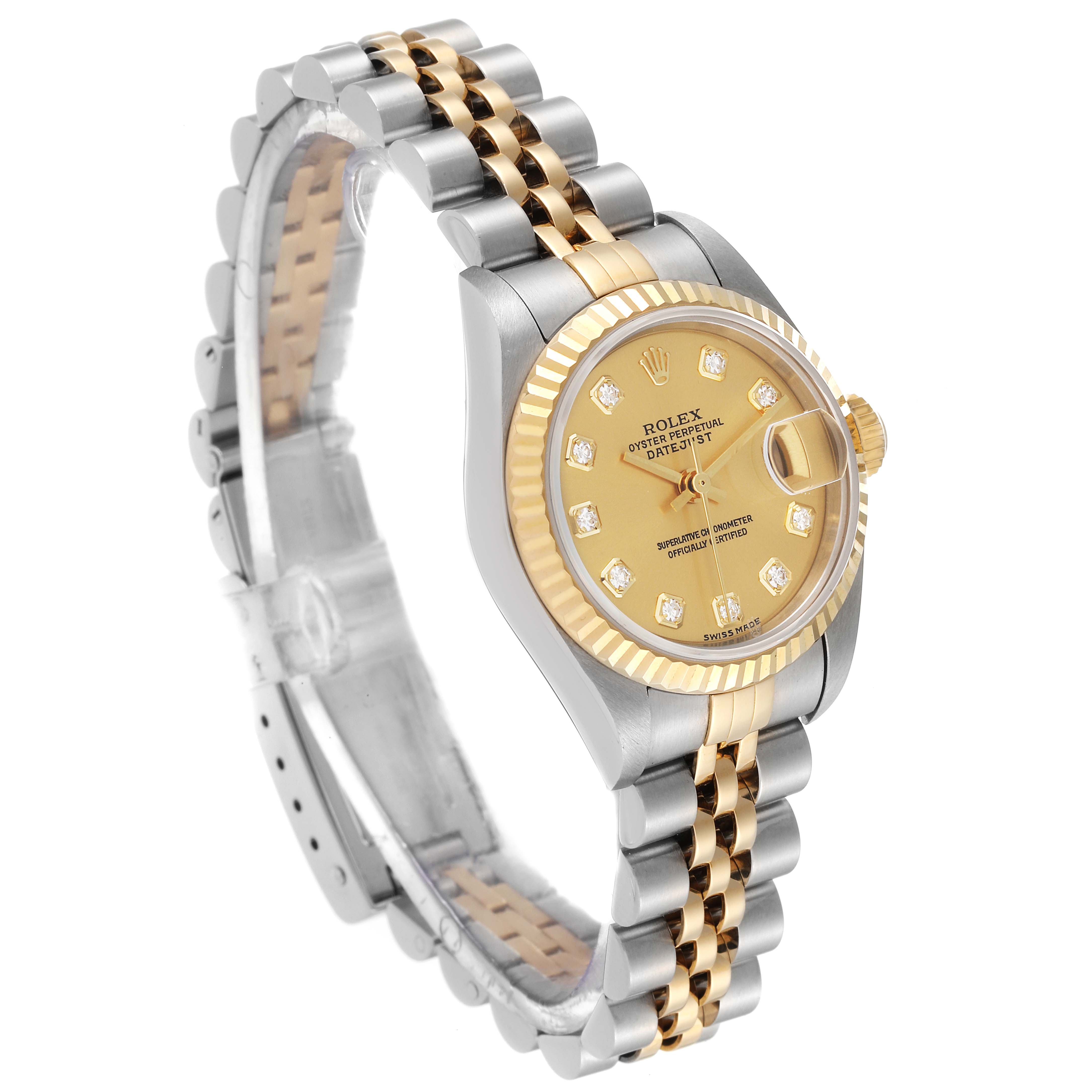 The image shows a Rolex Datejust 79173 Women's Steel and Gold (two tone) Champagne Dial 79173 Women's Steel and Gold (two tone) Champagne Dial watch at a three-quarter angle, highlighting its two-tone jubilee bracelet and fluted bezel.