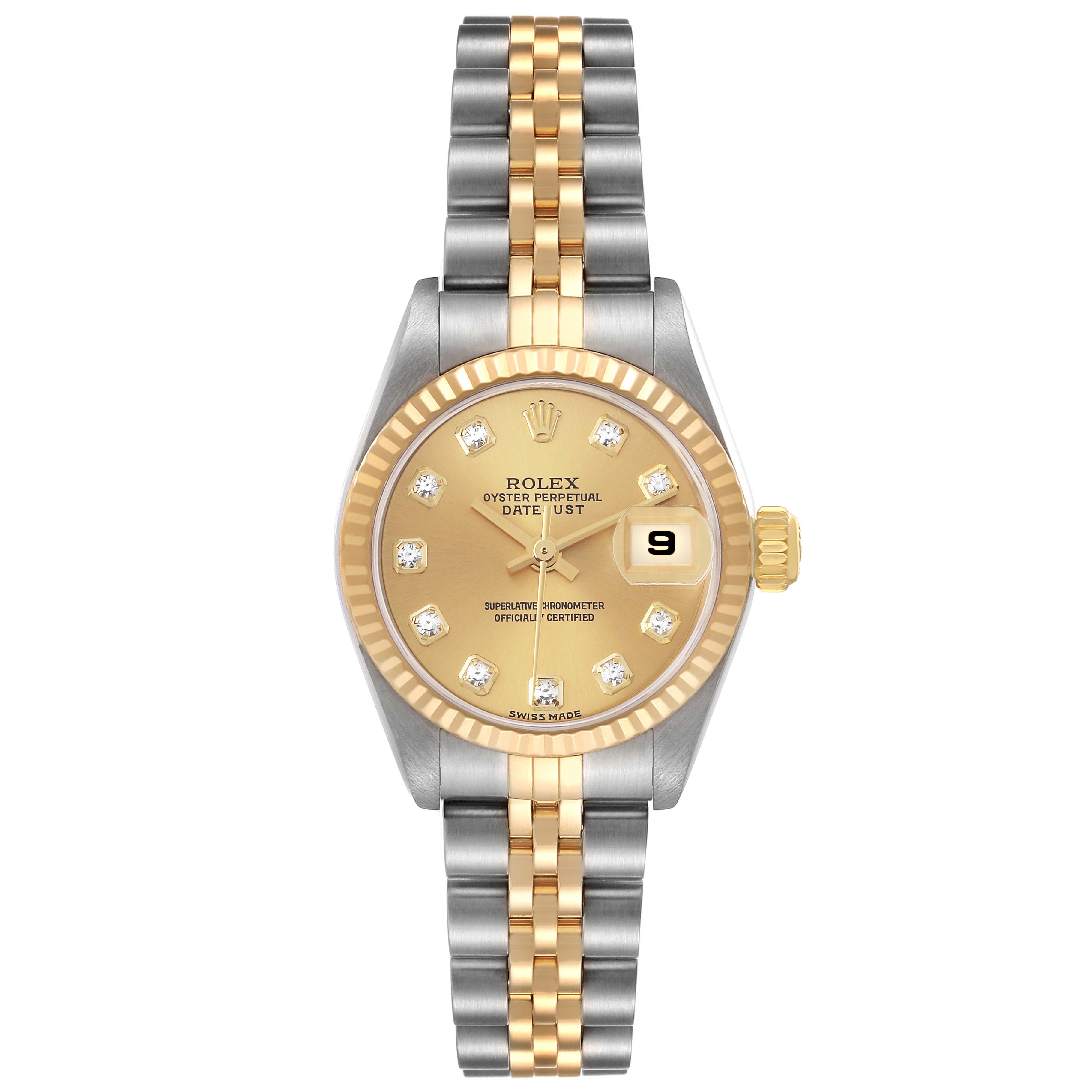 This Rolex Datejust 79173 Women's Steel and Gold (two tone) Champagne Dial 79173 Women's Steel and Gold (two tone) Champagne Dial watch is shown from a top-down angle, displaying its face, crown, and two-tone bracelet.