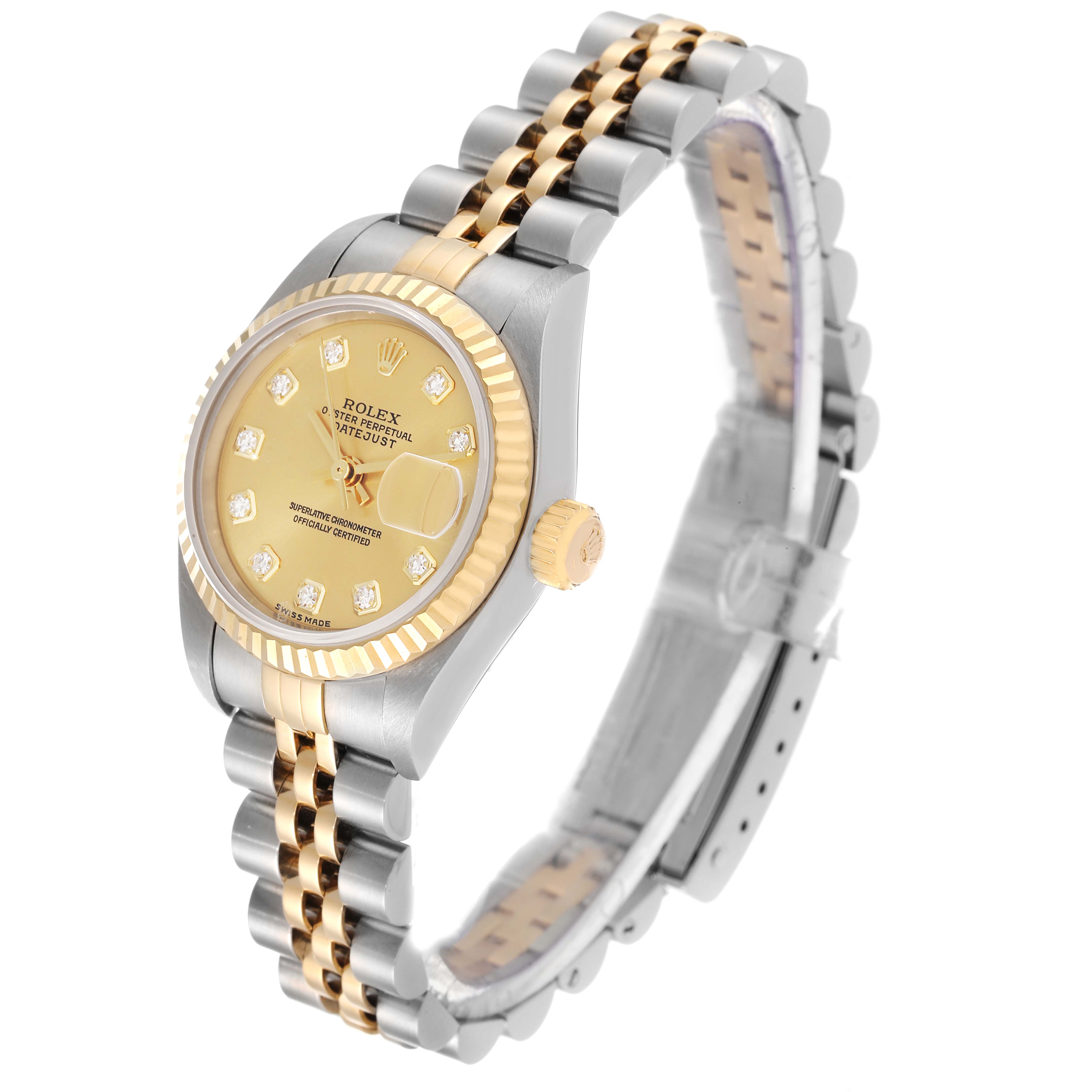 This image shows the side and front angle of a Rolex Datejust 79173 Women's Steel and Gold (two tone) Champagne Dial 79173 Women's Steel and Gold (two tone) Champagne Dial watch, highlighting the gold and stainless steel bracelet and crown.