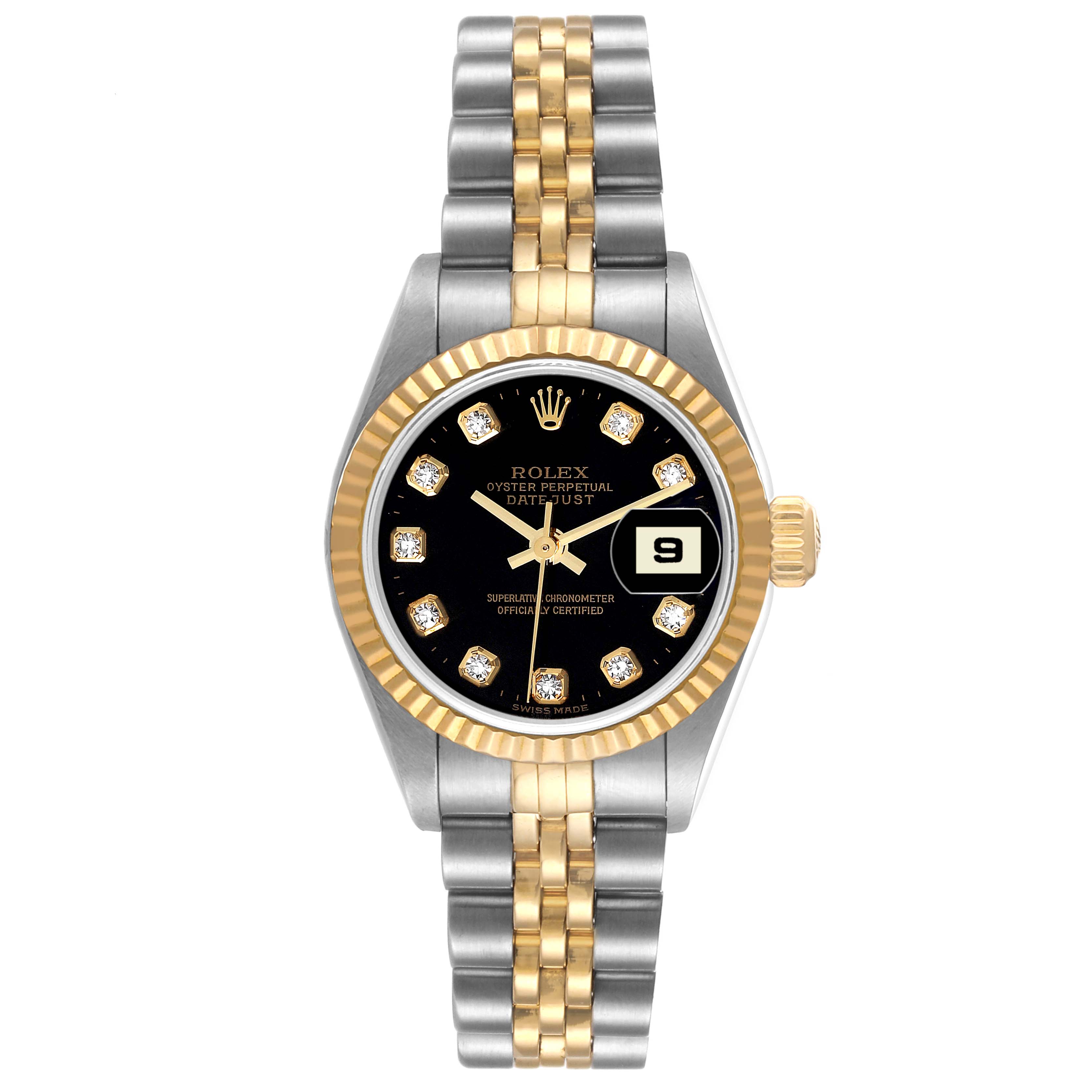 This image shows a front view of the Rolex Datejust 79173 Women's Steel and Gold (two tone) Black Dial 79173 Women's Steel and Gold (two tone) Black Dial watch, displaying the dial, bezel, crown, and bracelet.