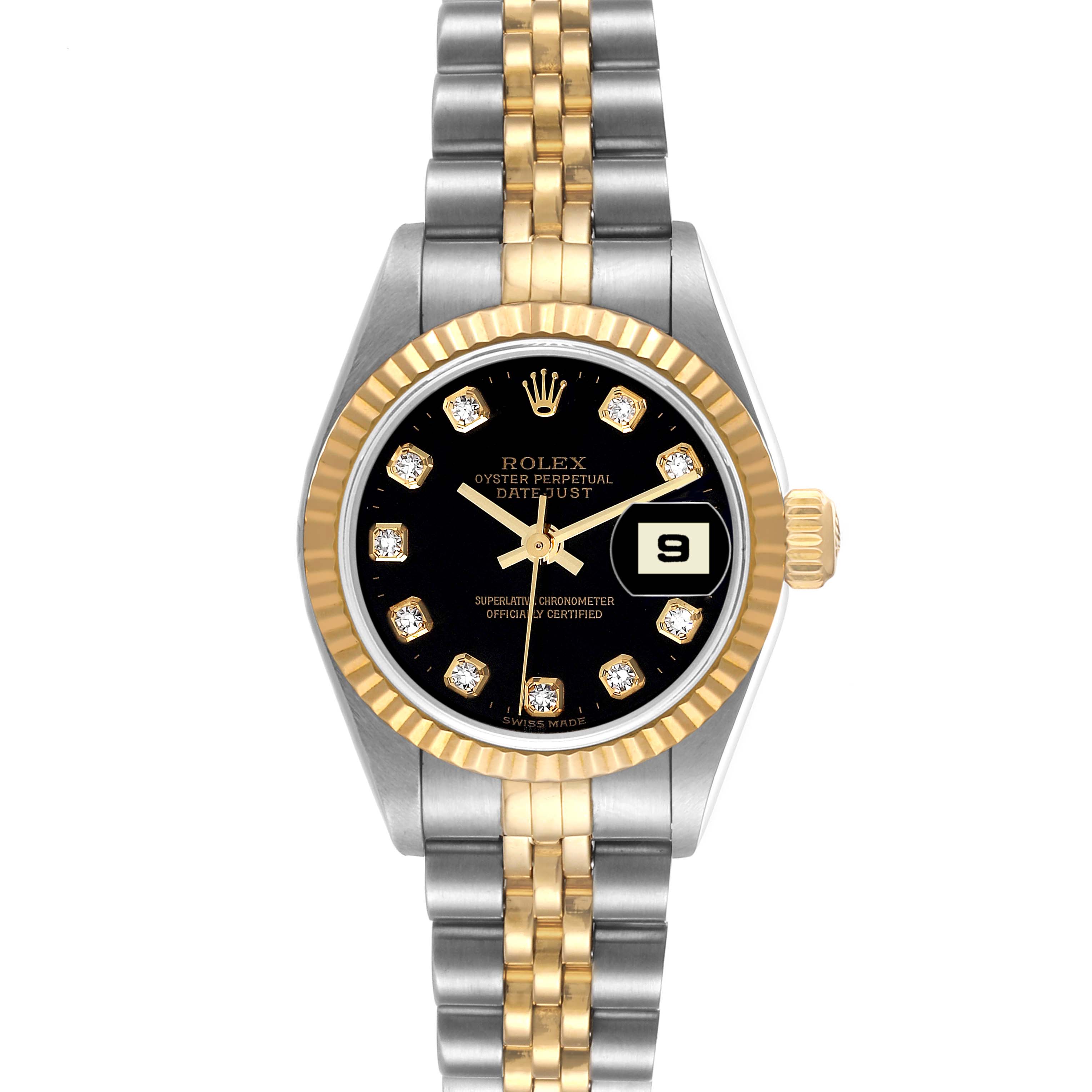 The Rolex Datejust 79173 Women's Steel and Gold (two tone) Black Dial 79173 Women's Steel and Gold (two tone) Black Dial watch is shown from a straight-on angle, highlighting its face, bezel, and bracelet.