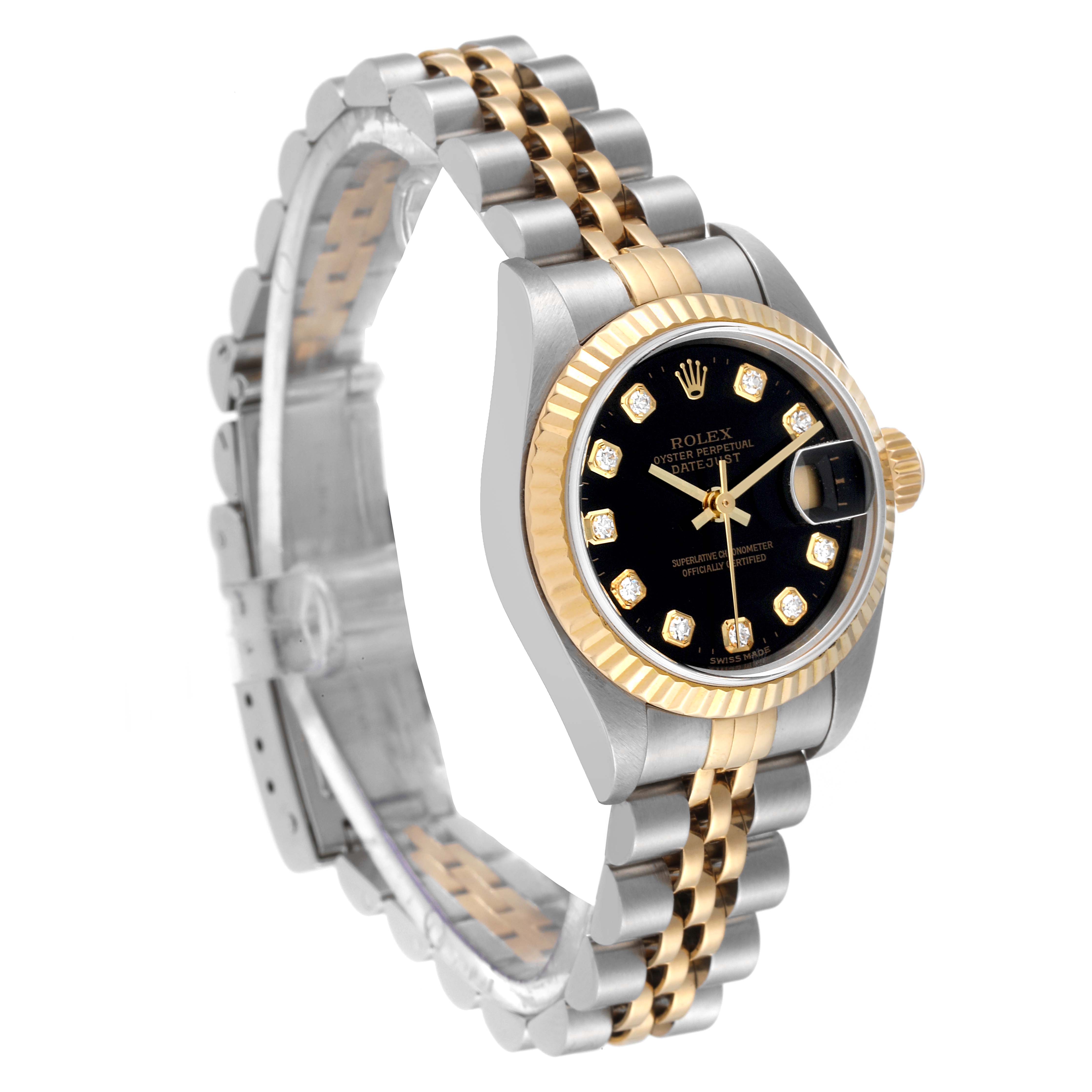 The image shows a Rolex Datejust 79173 Women's Steel and Gold (two tone) Black Dial 79173 Women's Steel and Gold (two tone) Black Dial watch at a three-quarter angle, highlighting the dial, bezel, crown, and two-tone bracelet.