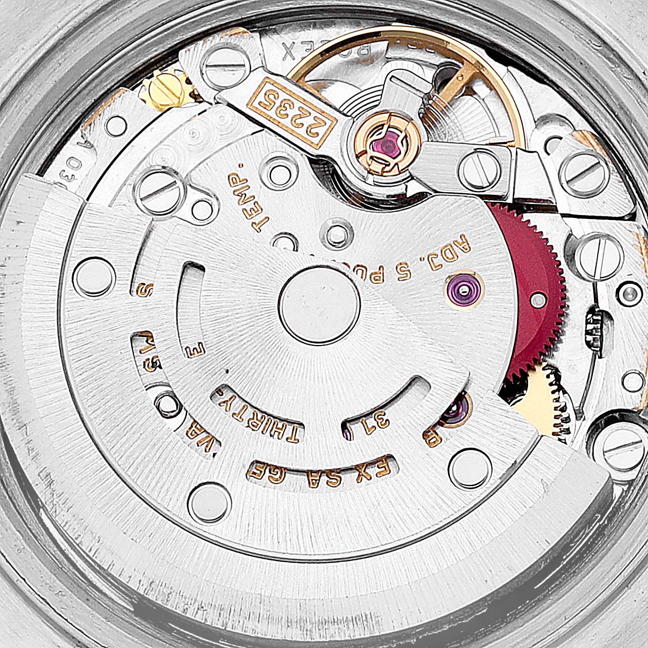 The image shows a close-up view of the internal movement mechanism of a Rolex Datejust 79173 Women's Steel and Gold (two tone) Black Dial 79173 Women's Steel and Gold (two tone) Black Dial watch.