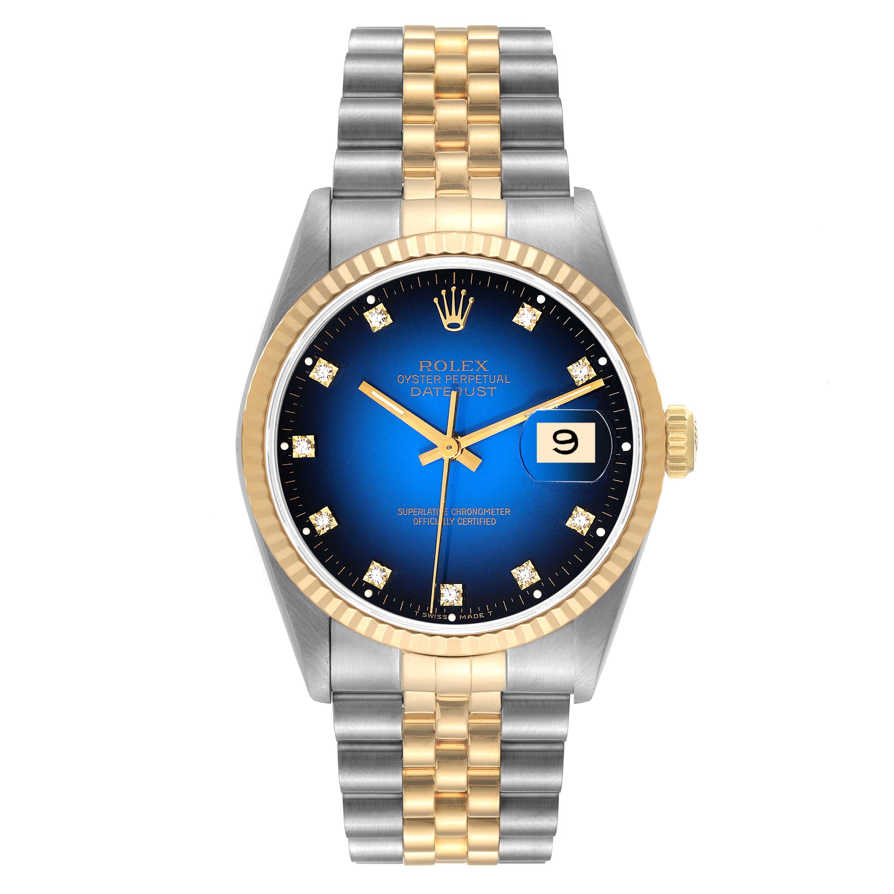 The image shows a Rolex Datejust 16233 Men's Steel and Gold (two tone) Blue Dial 16233 Men's Steel and Gold (two tone) Blue Dial watch with a blue dial, gold bezel, and a jubilee bracelet, viewed from the front.