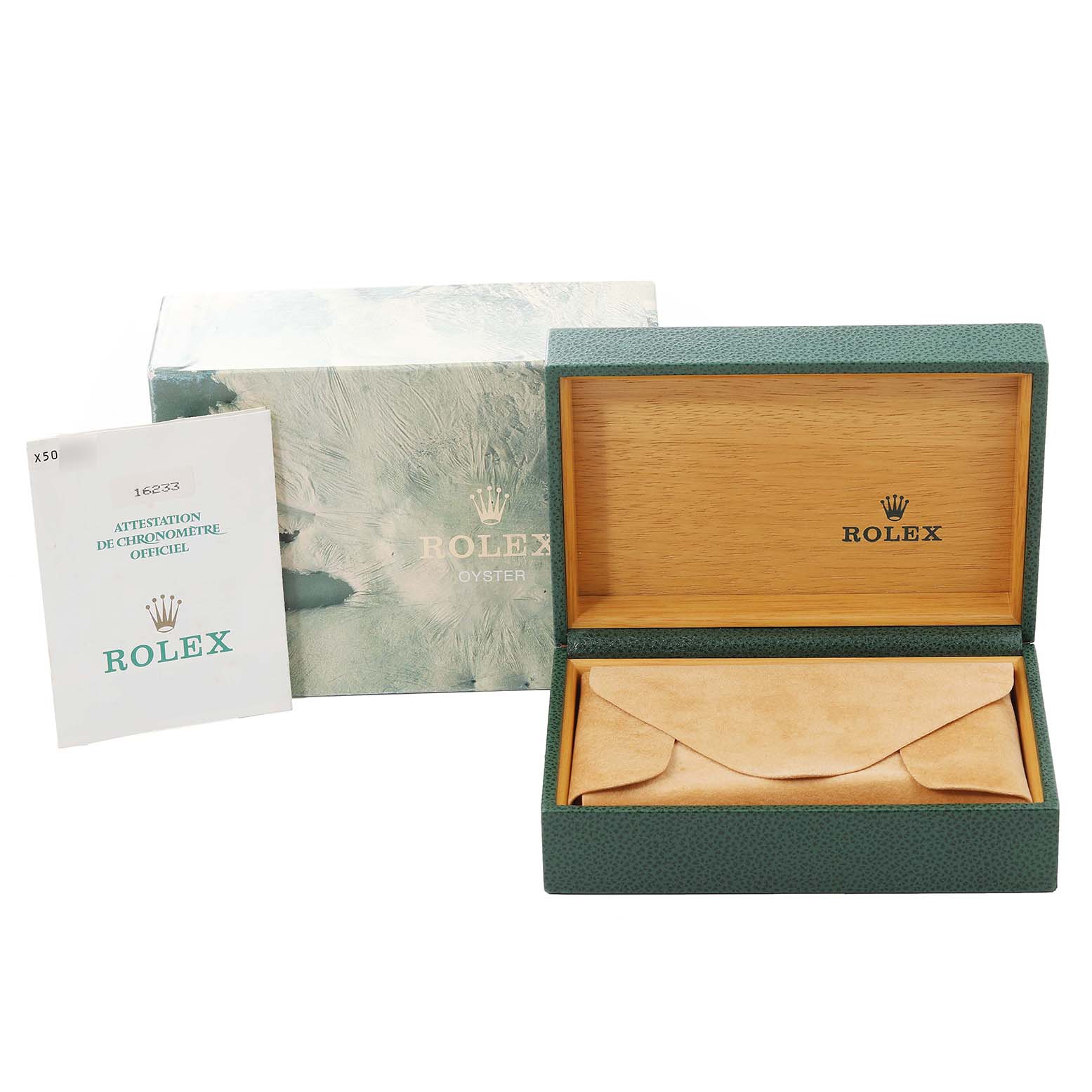 The image shows a Rolex Datejust 16233 Men's Steel and Gold (two tone) Blue Dial 16233 Men's Steel and Gold (two tone) Blue Dial watch box, an open green presentation box, and an official chronometer certification document.