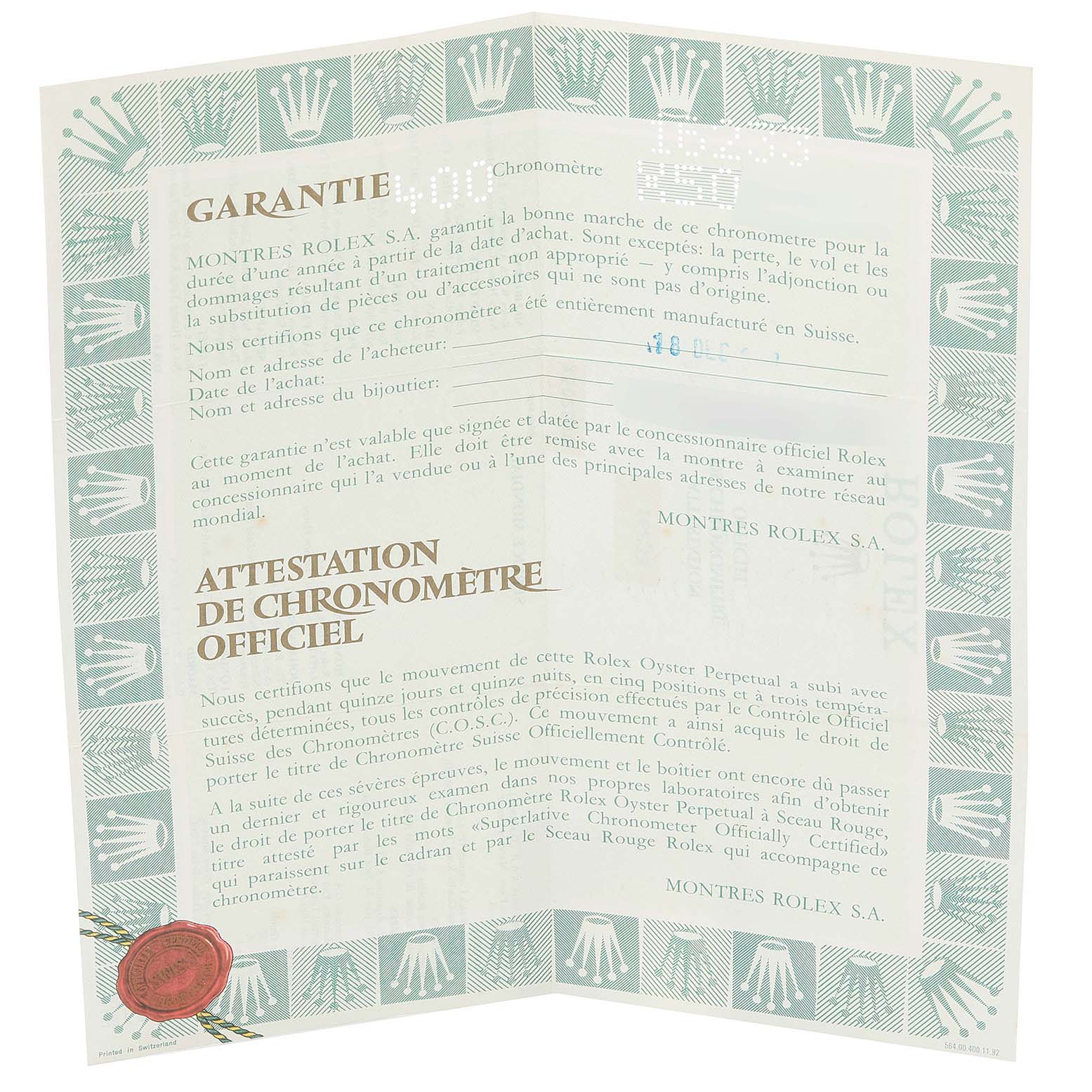 This image shows the warranty and chronometer certification paper for a Rolex Datejust 16233 Men's Steel and Gold (two tone) Blue Dial 16233 Men's Steel and Gold (two tone) Blue Dial watch.