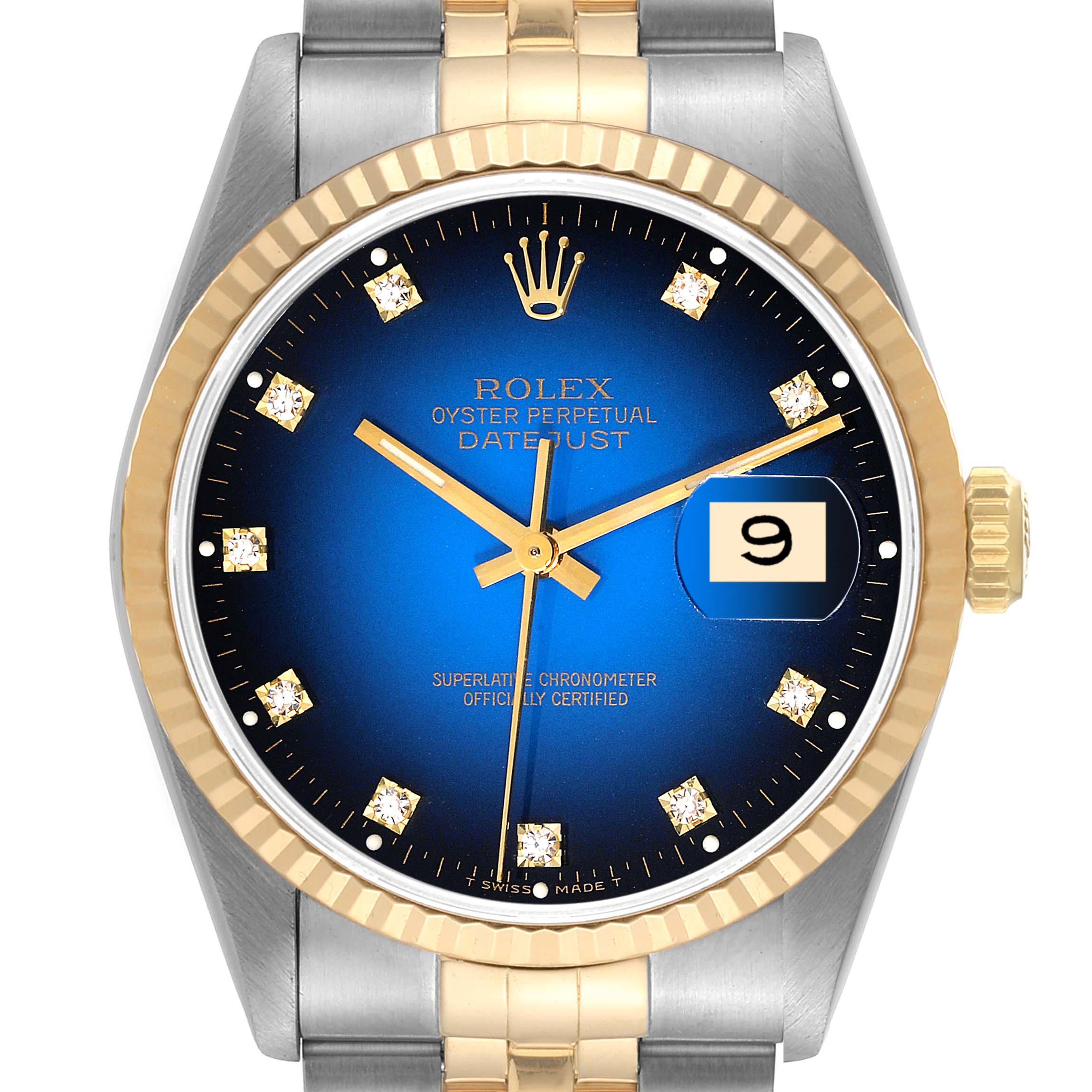 The image shows a close-up of the face, bezel, and part of the bracelet of a Rolex Datejust 16233 Men's Steel and Gold (two tone) Blue Dial 16233 Men's Steel and Gold (two tone) Blue Dial watch.