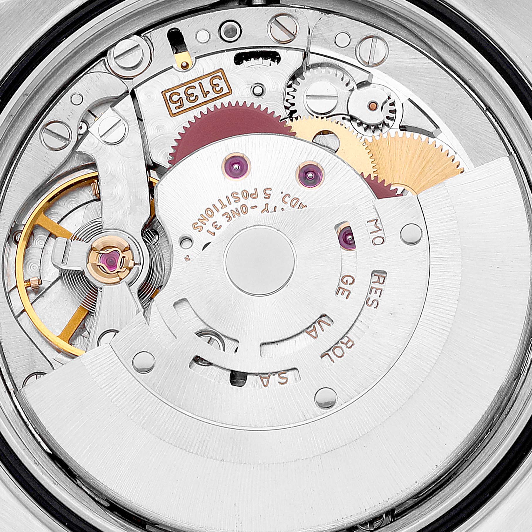 This is an image of the movement of a Rolex Datejust 16233 Men's Steel and Gold (two tone) Blue Dial 16233 Men's Steel and Gold (two tone) Blue Dial watch, showing gears, jewels, and the automatic rotor from the rear.