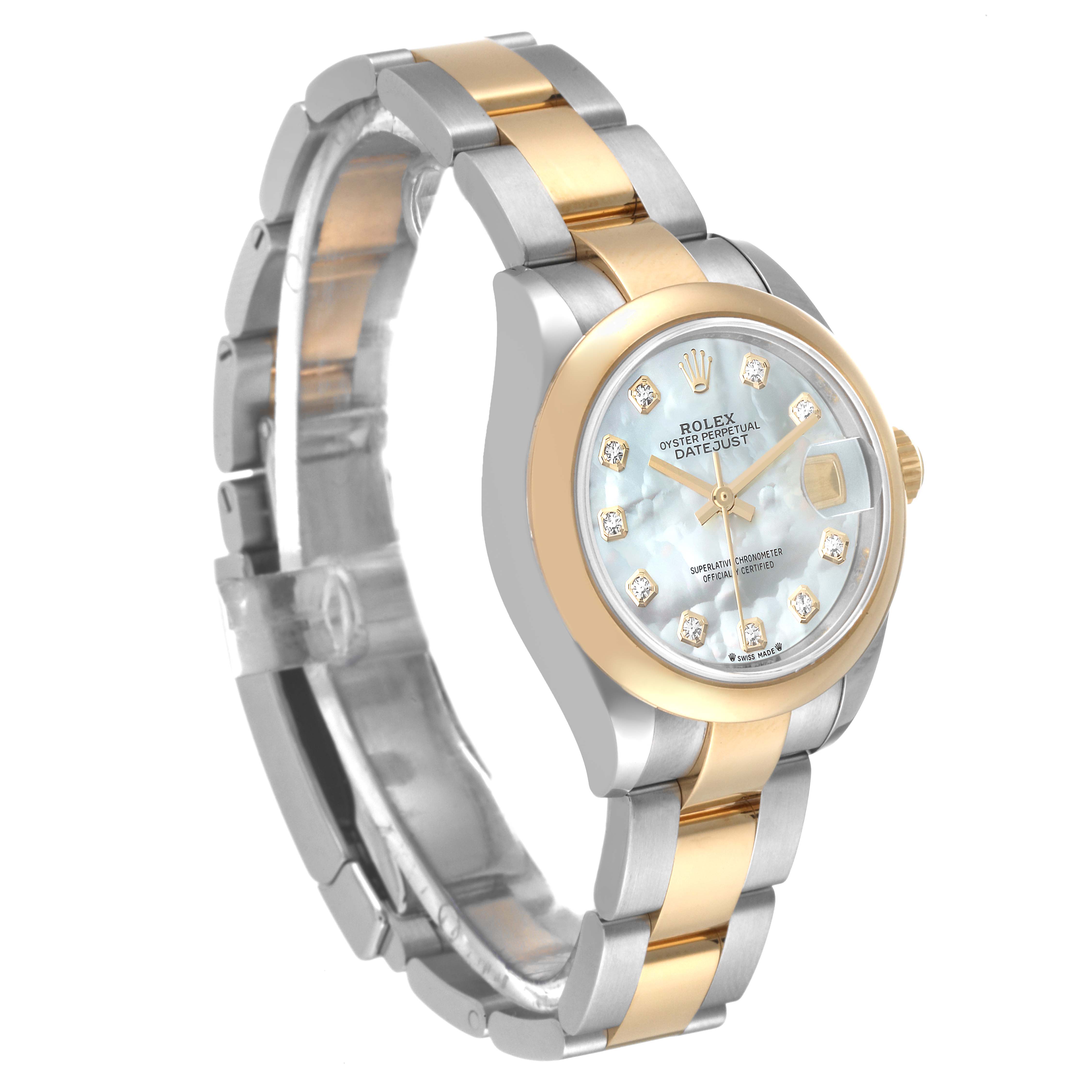 The Rolex Datejust 279163 Women's Steel and Gold (two tone) Mother of Pearl Dial 279163 Women's Steel and Gold (two tone) Mother of Pearl Dial model is shown at a three-quarter angle, highlighting its dial, bezel, and two-tone bracelet.