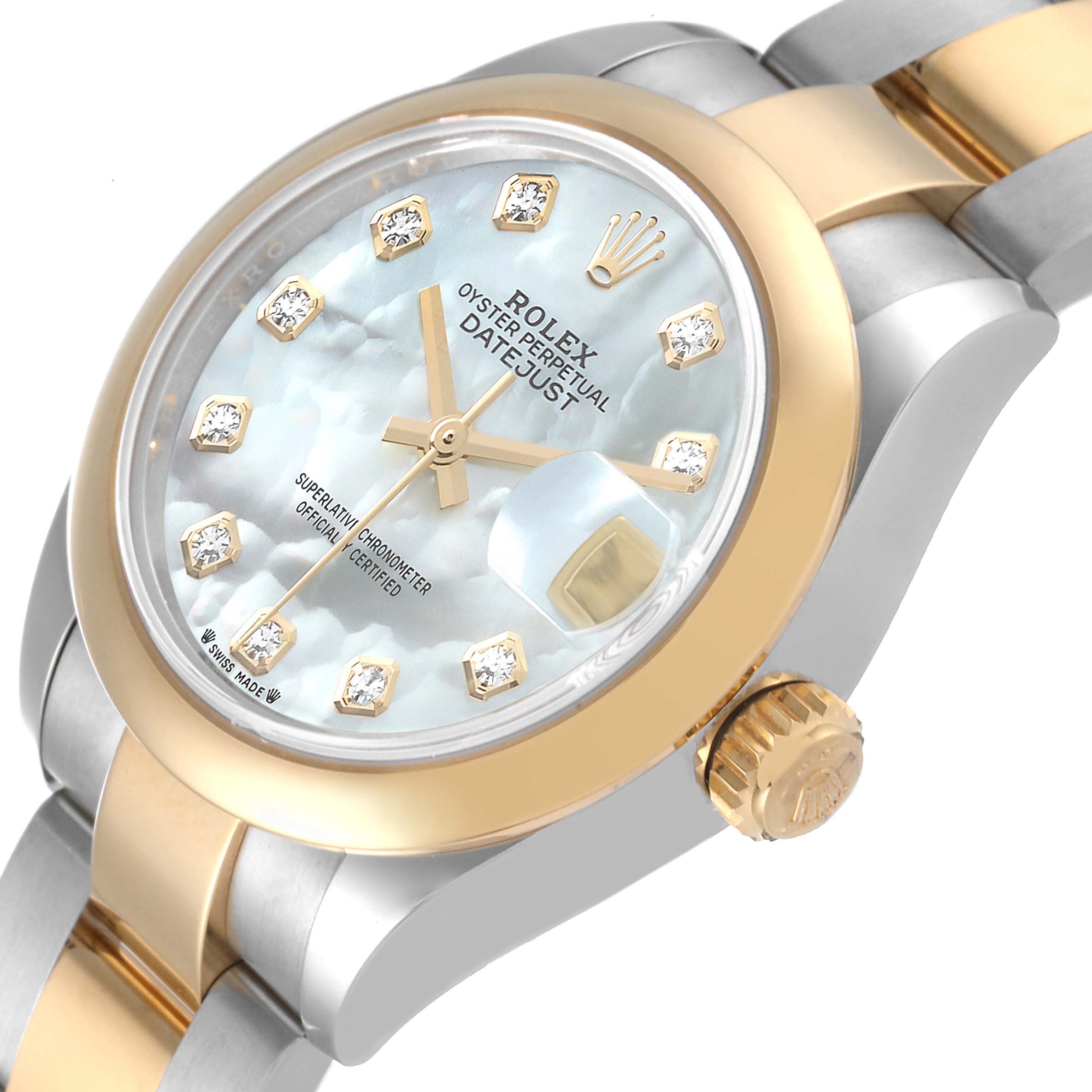 The Rolex Datejust 279163 Women's Steel and Gold (two tone) Mother of Pearl Dial 279163 Women's Steel and Gold (two tone) Mother of Pearl Dial watch is shown at an angle, highlighting the face, bezel, crown, and part of the bracelet.