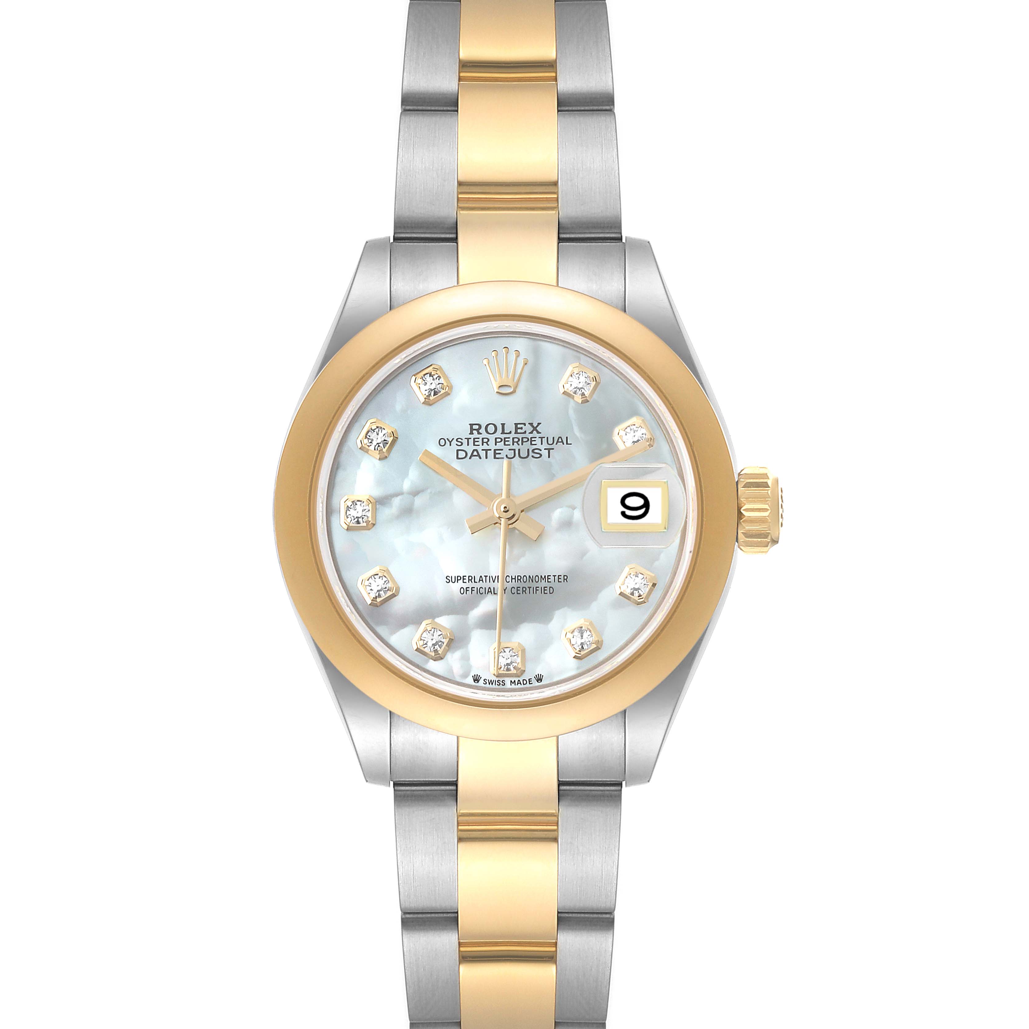 The image shows a frontal view of a Rolex Datejust 279163 Women's Steel and Gold (two tone) Mother of Pearl Dial 279163 Women's Steel and Gold (two tone) Mother of Pearl Dial watch with a two-tone metal strap and a date window at 3 o'clock.