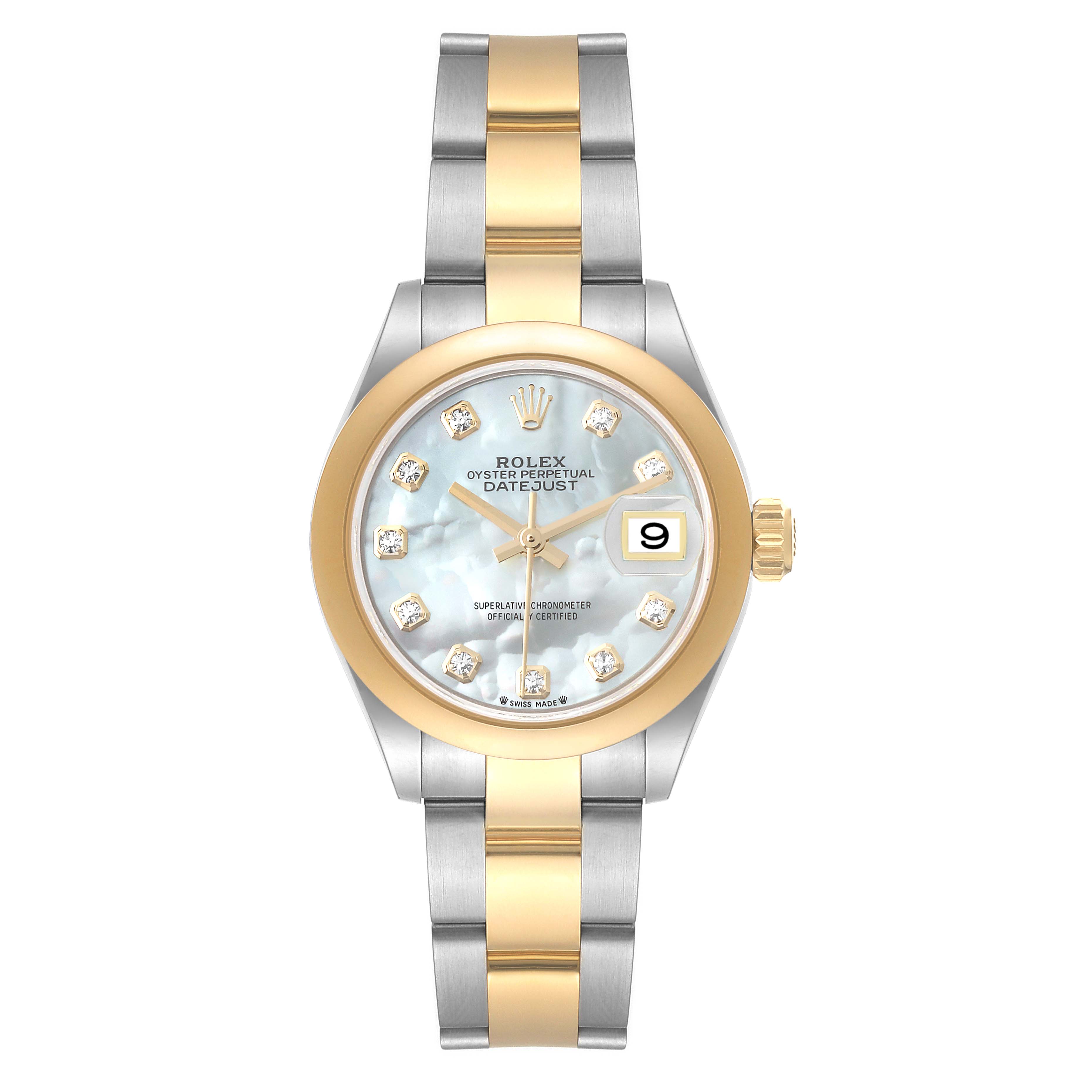 The image shows a front view of a Rolex Datejust 279163 Women's Steel and Gold (two tone) Mother of Pearl Dial 279163 Women's Steel and Gold (two tone) Mother of Pearl Dial watch, highlighting its dial, bezel, and bracelet.