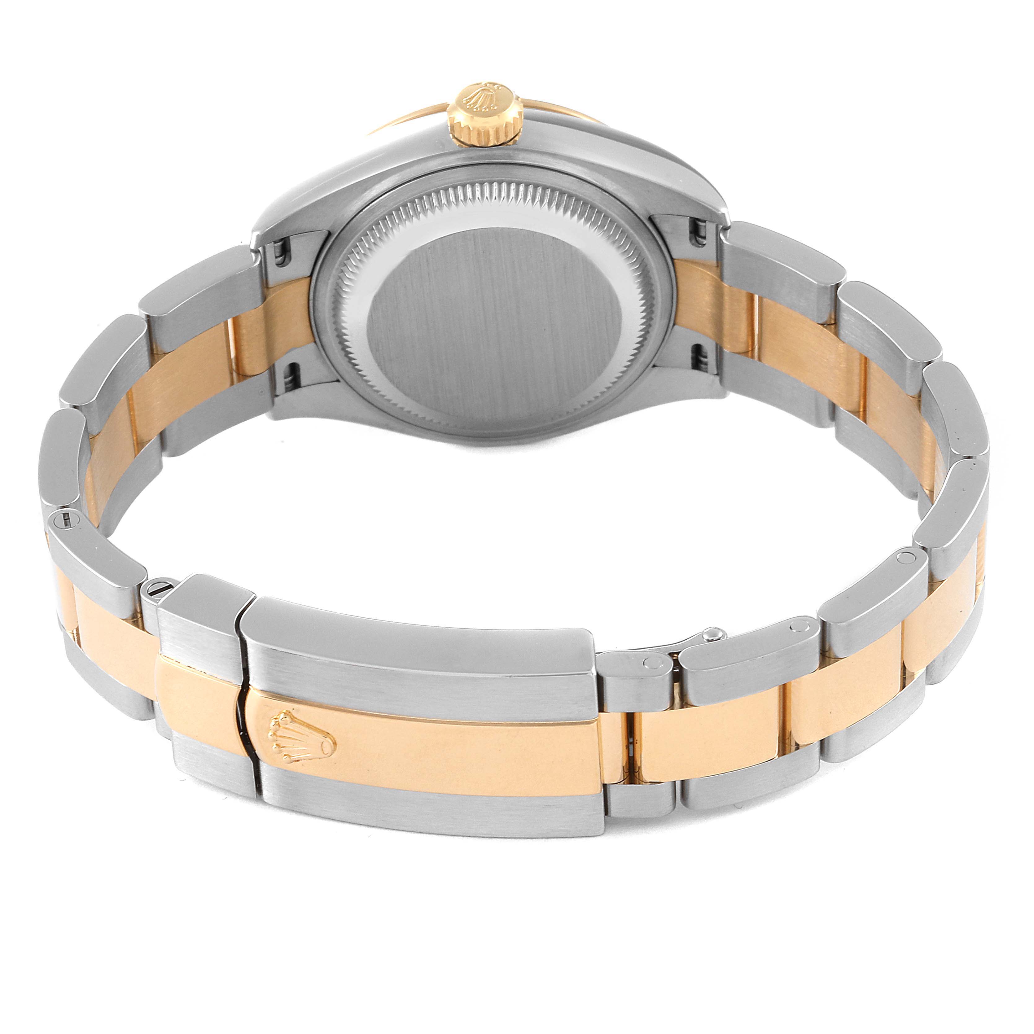 The image shows the back case and bracelet clasp of a Rolex Datejust 279163 Women's Steel and Gold (two tone) Mother of Pearl Dial 279163 Women's Steel and Gold (two tone) Mother of Pearl Dial watch in a two-tone design.