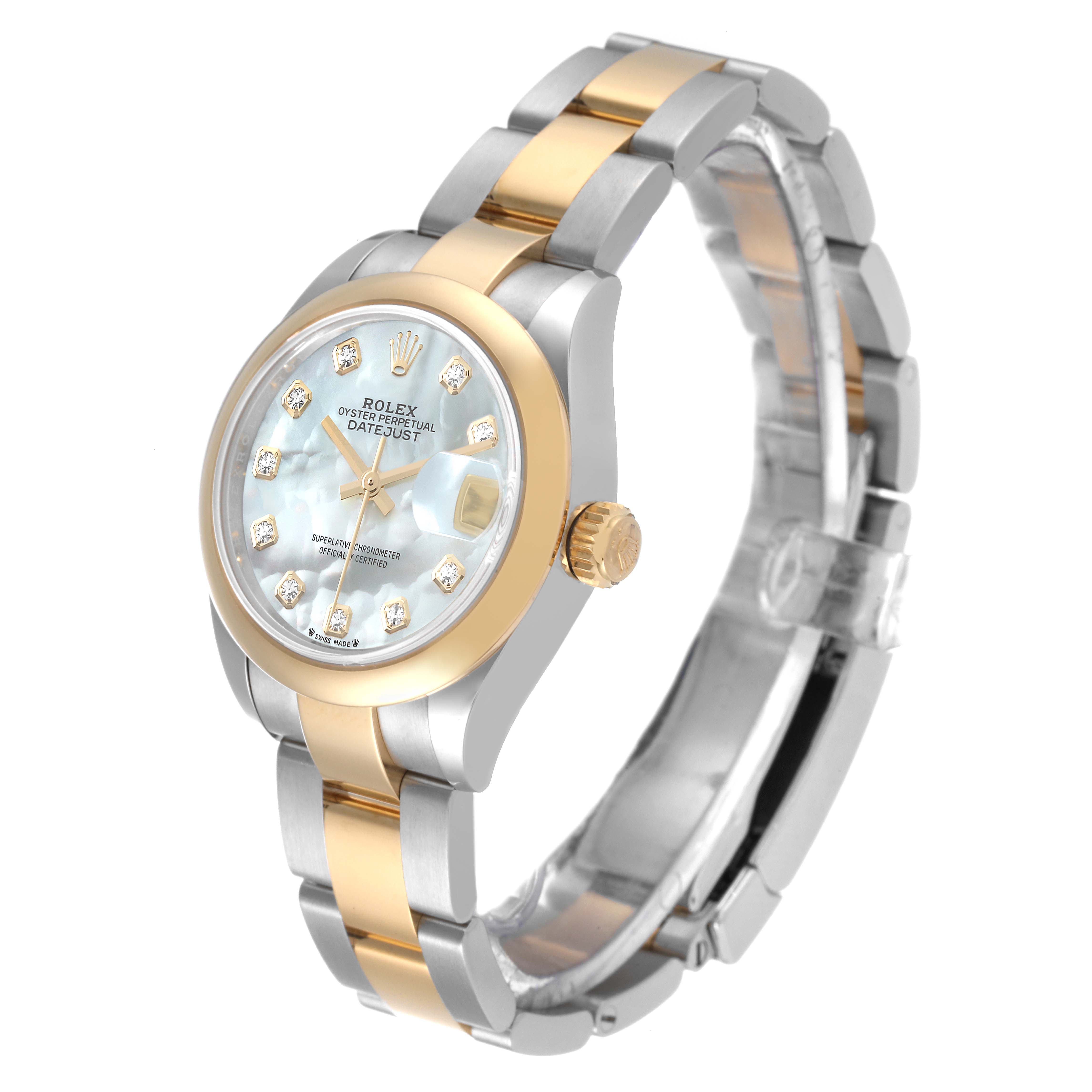 The Rolex Datejust 279163 Women's Steel and Gold (two tone) Mother of Pearl Dial 279163 Women's Steel and Gold (two tone) Mother of Pearl Dial watch is shown at a tilted angle, highlighting the face, crown, and two-tone bracelet.