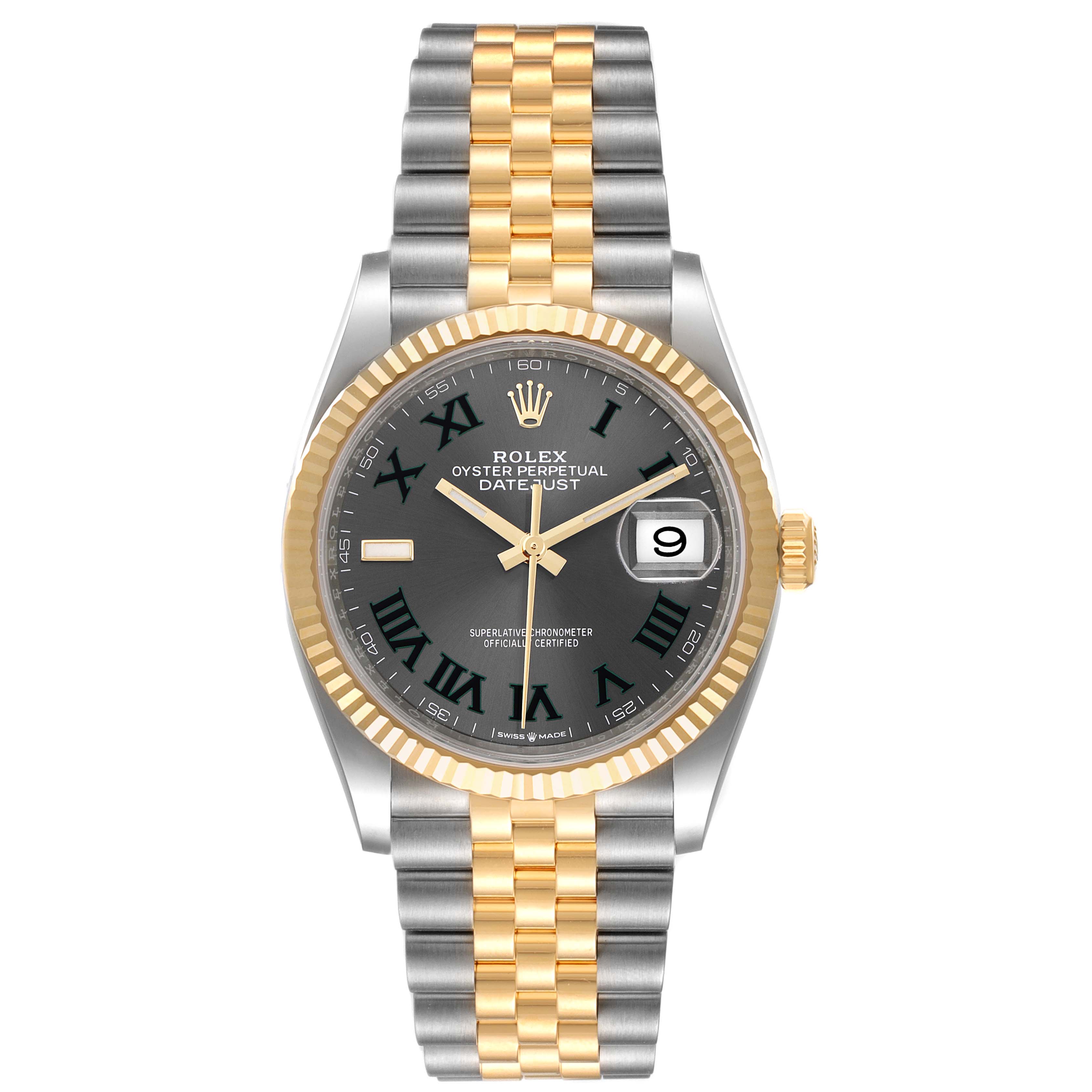 This image shows a front angle of a Rolex Datejust 126233 Men
s Steel and Gold (two tone) Grey Dial 126233 Men
s Steel and Gold (two tone) Grey Dial watch with a gray dial, gold fluted bezel, and two-tone bracelet.