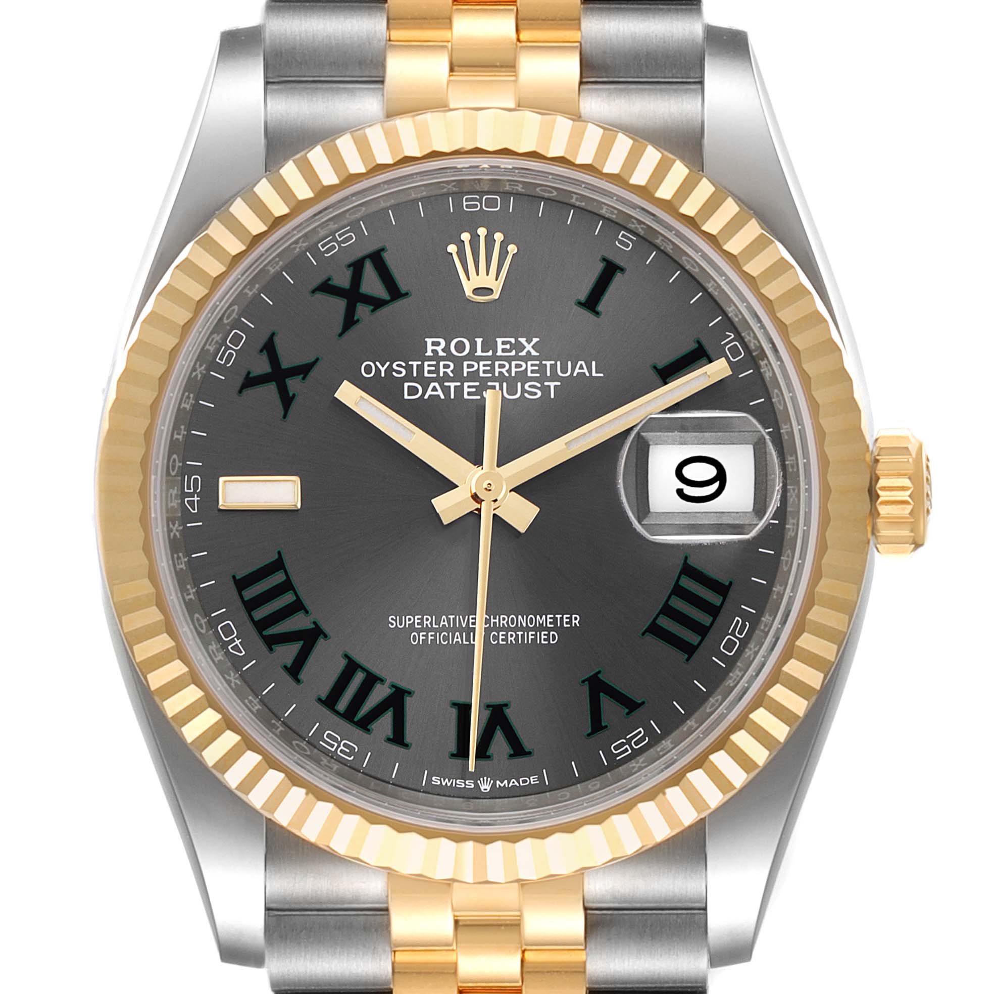 The image shows a Rolex Datejust 126233 Men
s Steel and Gold (two tone) Grey Dial 126233 Men
s Steel and Gold (two tone) Grey Dial watch at a front angle, highlighting the dial, bezels, hands, and date window.