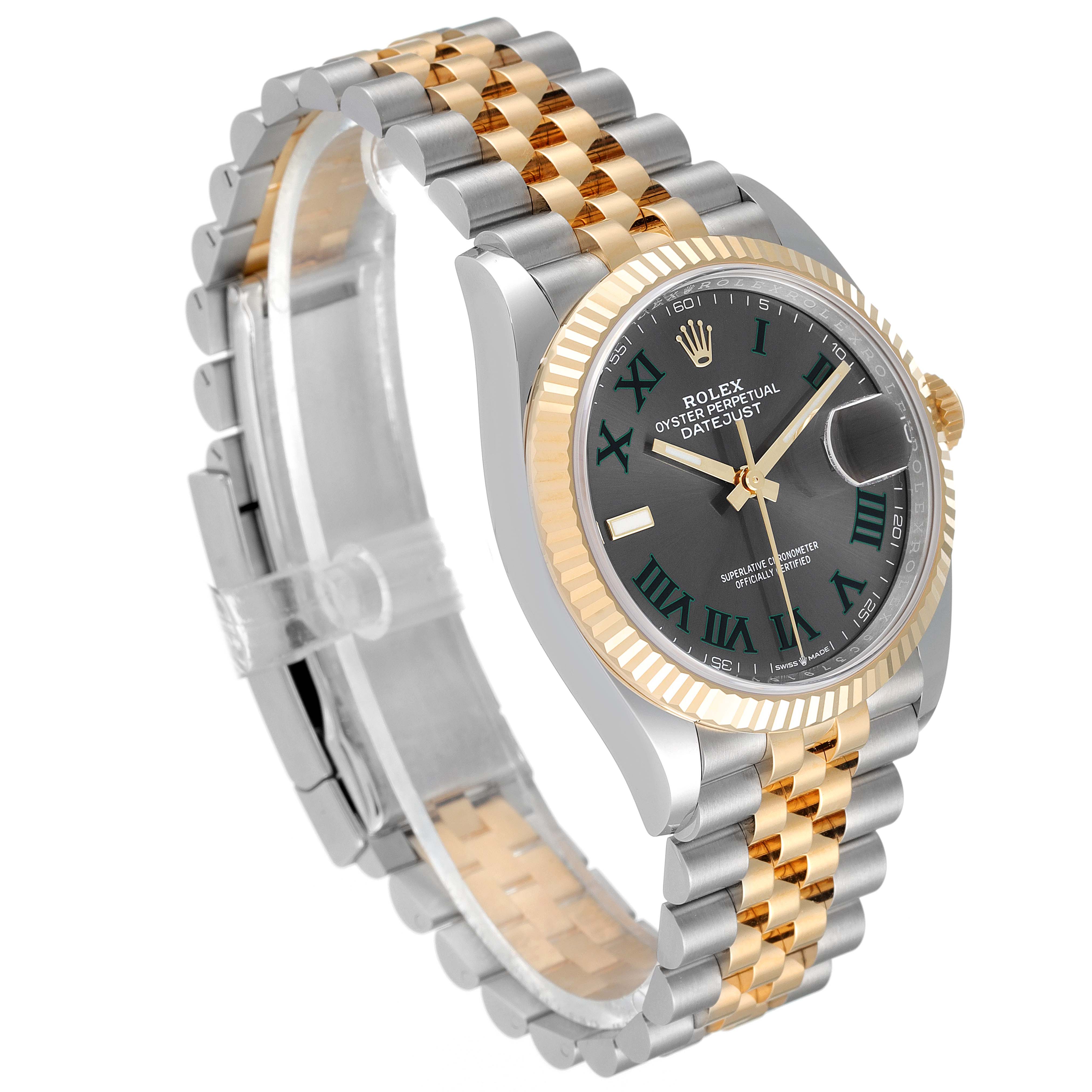 The image shows an angled view of a Rolex Datejust 126233 Men
s Steel and Gold (two tone) Grey Dial 126233 Men
s Steel and Gold (two tone) Grey Dial watch, highlighting its two-tone bracelet and fluted bezel.