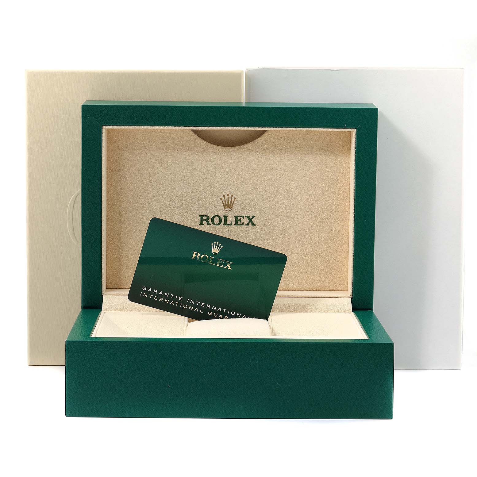The image shows the packaging of a Rolex Datejust 126233 Men
s Steel and Gold (two tone) Grey Dial 126233 Men
s Steel and Gold (two tone) Grey Dial watch, including a green display box and warranty card.