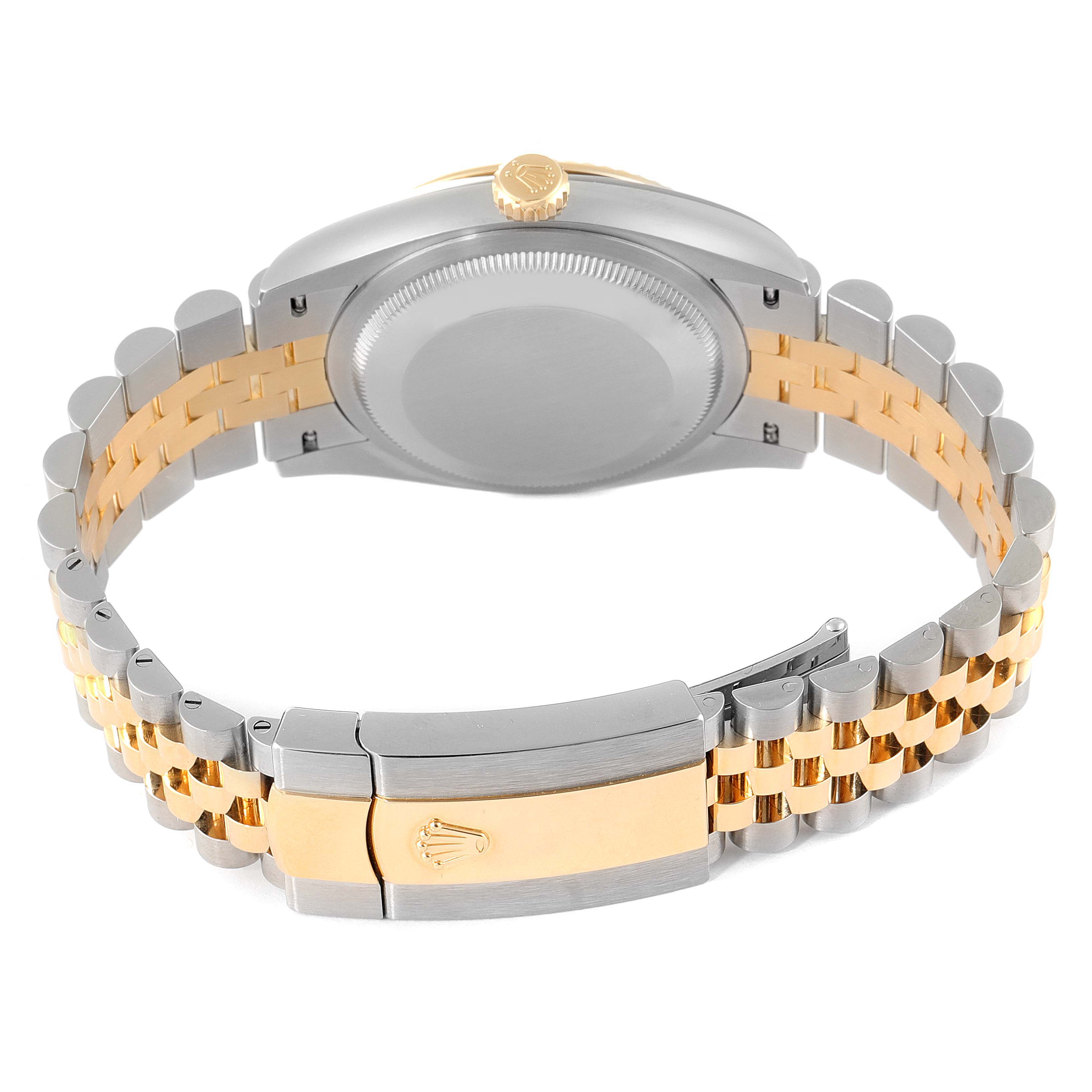 The image shows the back of a Rolex Datejust 126233 Men
s Steel and Gold (two tone) Grey Dial 126233 Men
s Steel and Gold (two tone) Grey Dial watch, highlighting the caseback, crown, and the two-tone bracelet with clasp.