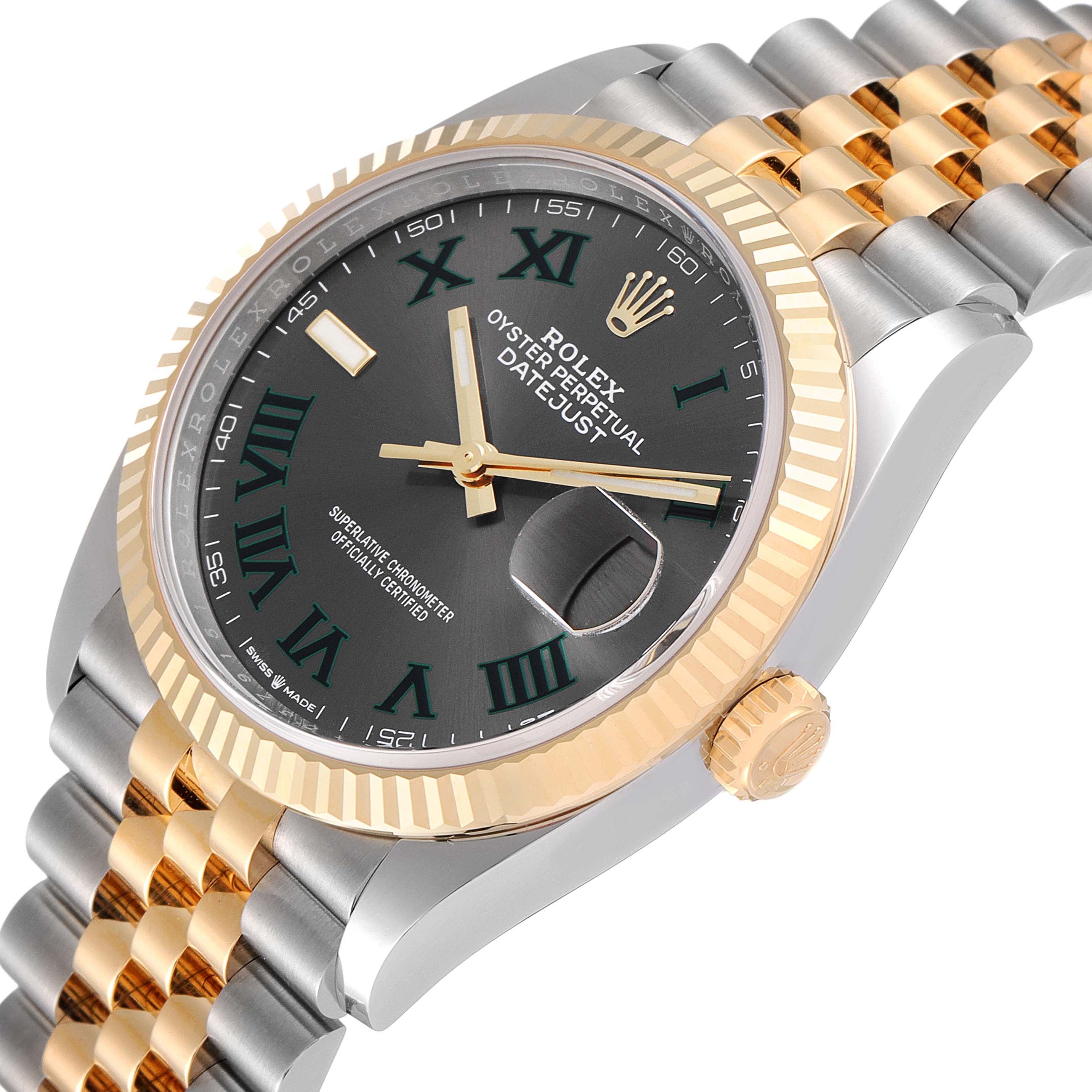 The image shows a close-up angle of the Rolex Datejust 126233 Men
s Steel and Gold (two tone) Grey Dial 126233 Men
s Steel and Gold (two tone) Grey Dial model, highlighting the bezel, dial, crown, and part of the bracelet.