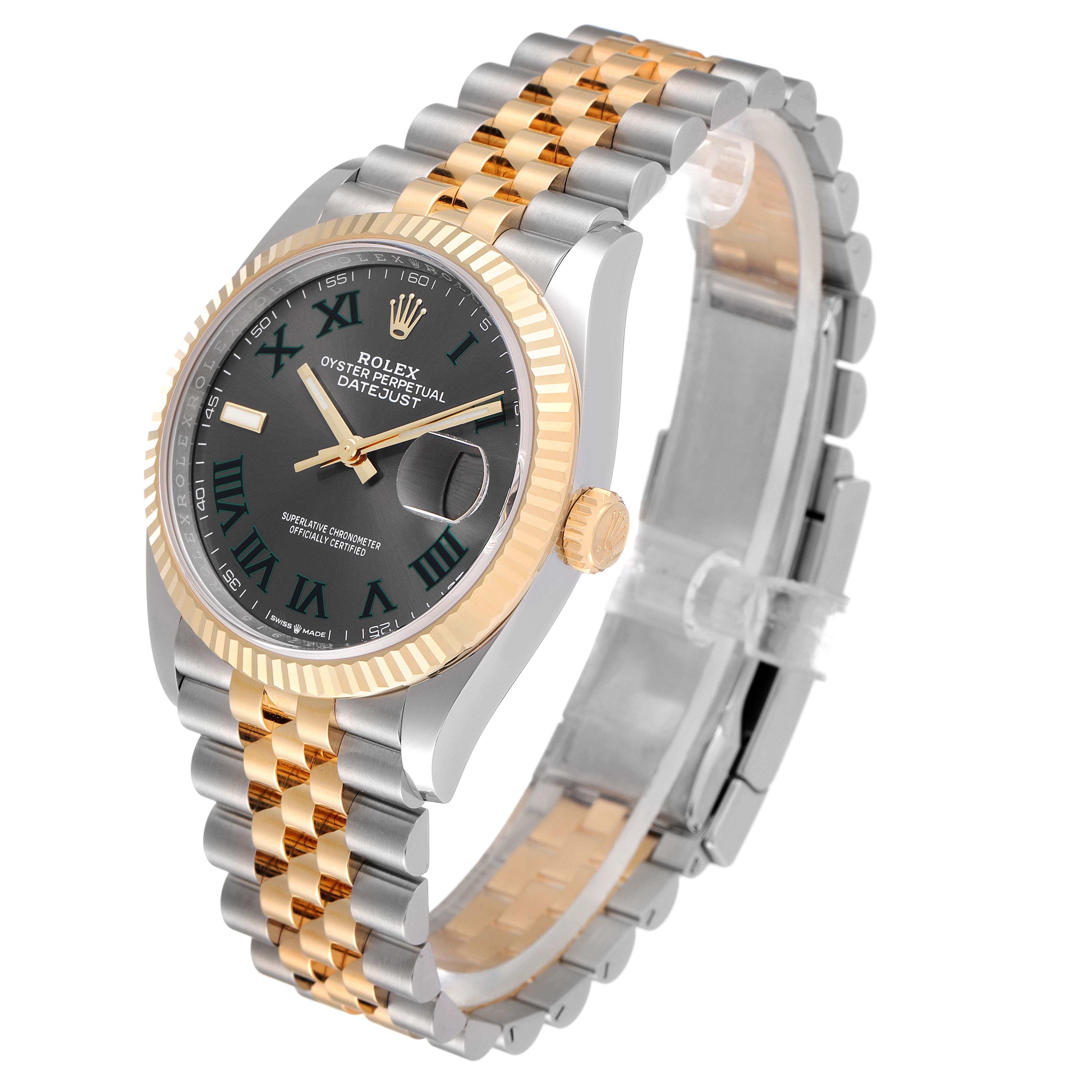 The image shows a Rolex Datejust 126233 Men
s Steel and Gold (two tone) Grey Dial 126233 Men
s Steel and Gold (two tone) Grey Dial watch at a three-quarter angle, highlighting the face, fluted bezel, and two-tone bracelet.