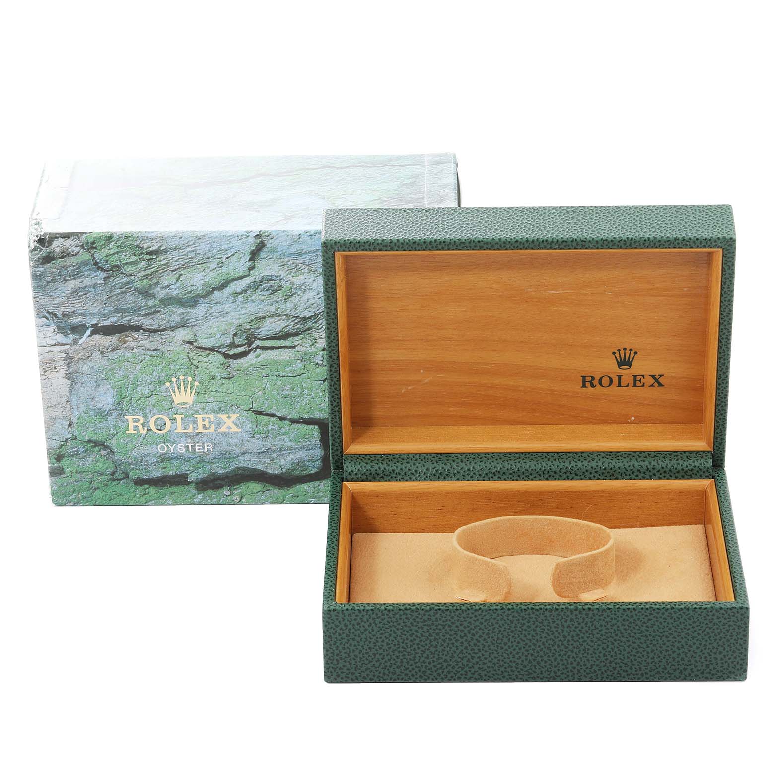 The image shows an open Rolex Turn-o-Graph 16263 Men's Steel and Gold (two tone) Champagne Dial 16263 Men's Steel and Gold (two tone) Champagne Dial watch box and its outer packaging at a frontal angle.