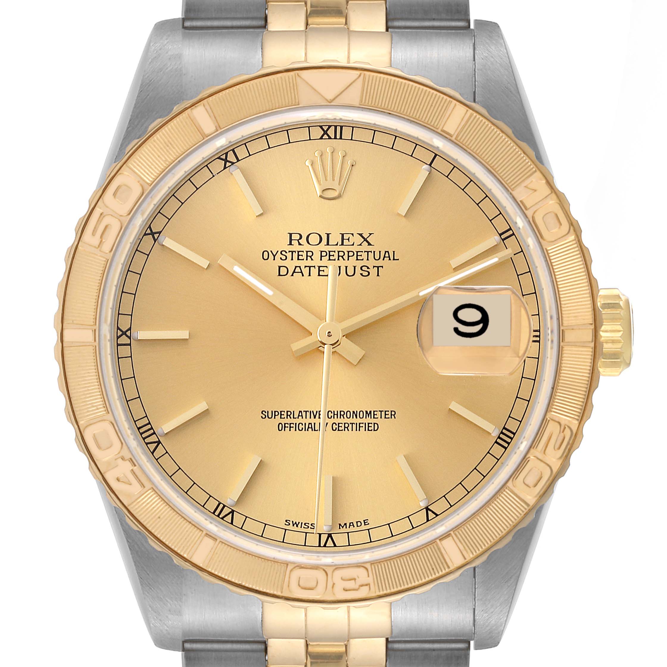 The image shows a front view of the Rolex Turn-o-Graph 16263 Men's Steel and Gold (two tone) Champagne Dial 16263 Men's Steel and Gold (two tone) Champagne Dial watch, highlighting its gold dial, markers, date feature, and dual-tone bracelet.