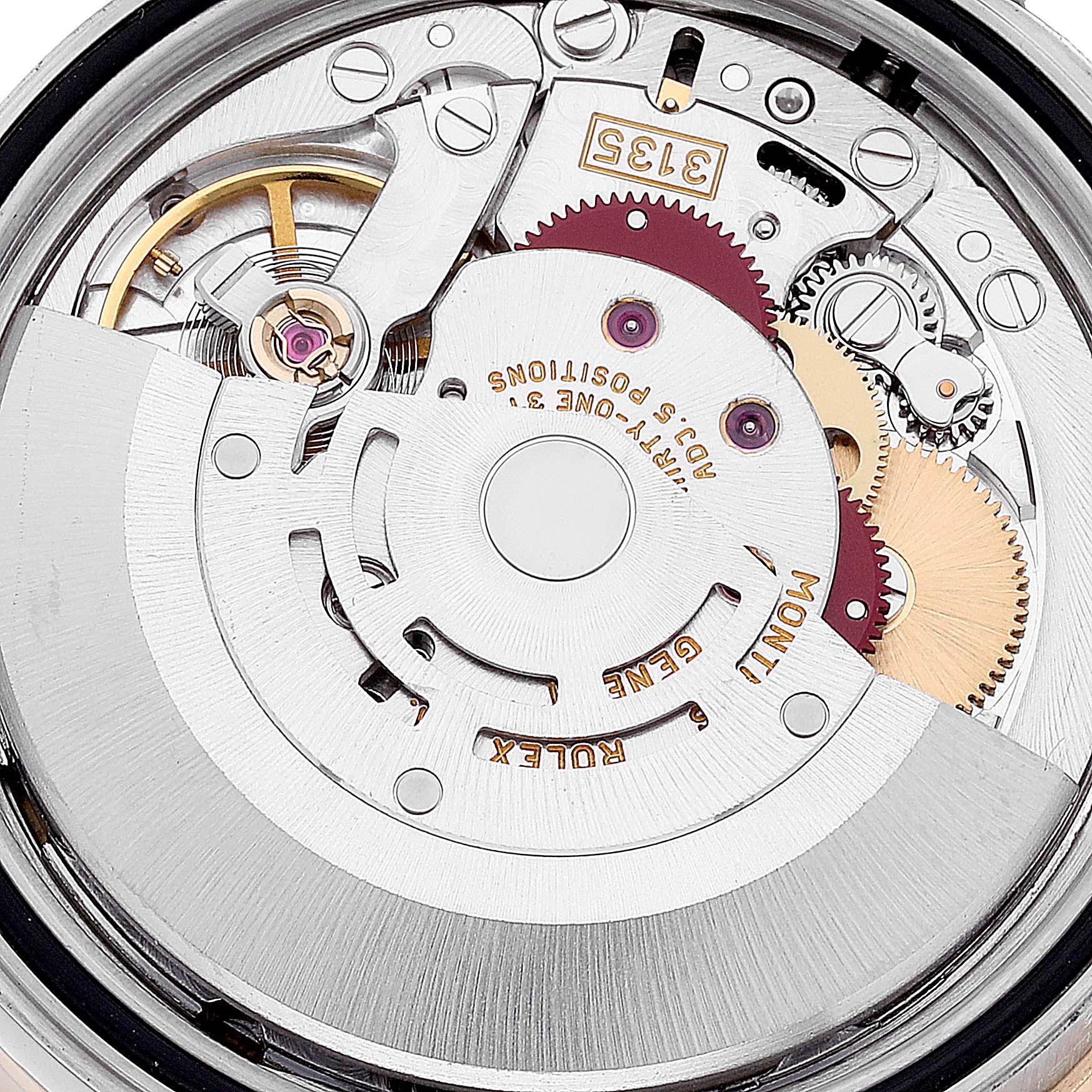 This image shows a close-up view of the movement mechanism inside a Rolex Turn-o-Graph 16263 Men's Steel and Gold (two tone) Champagne Dial 16263 Men's Steel and Gold (two tone) Champagne Dial watch.