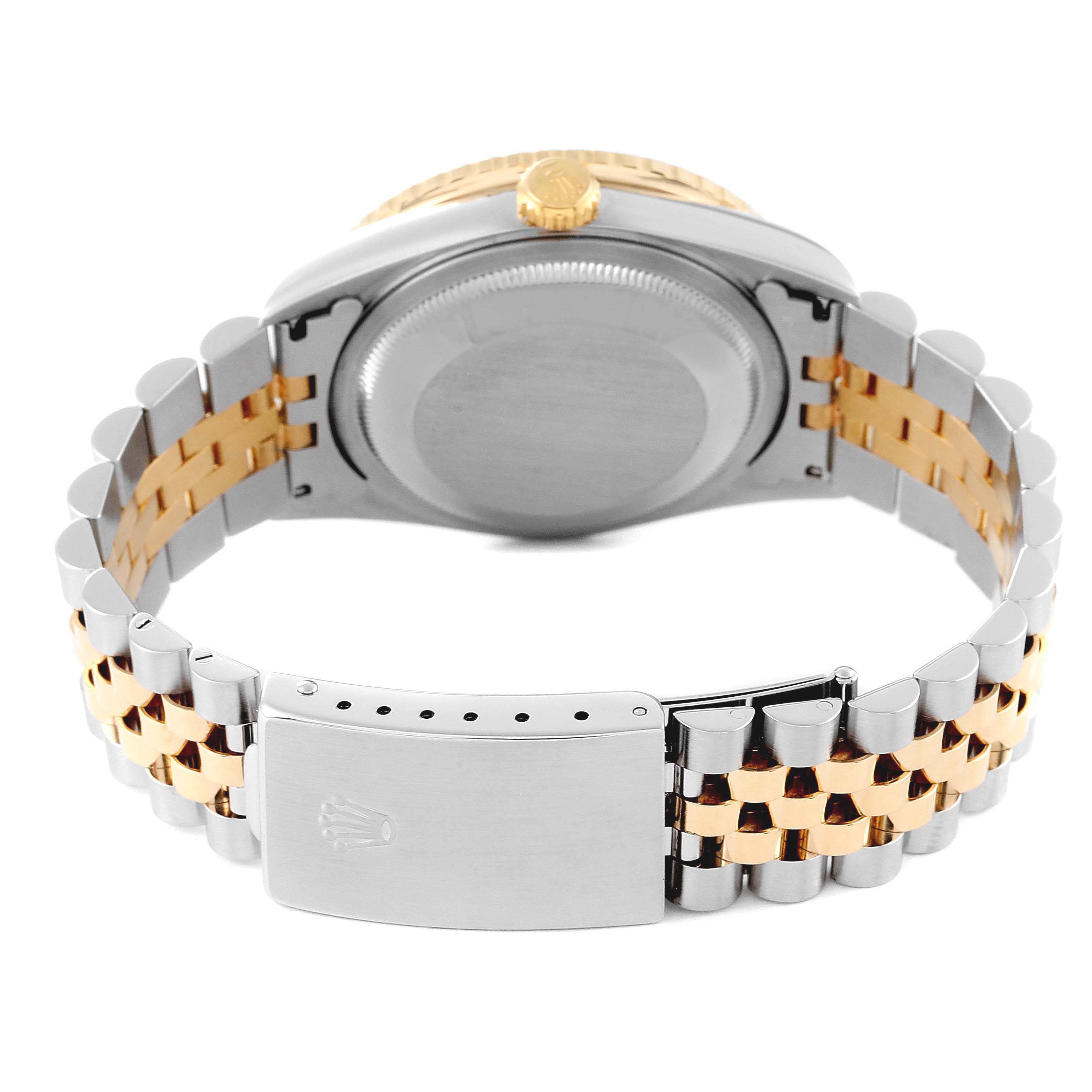 The image shows the back of a Rolex Turn-o-Graph 16263 Men's Steel and Gold (two tone) Champagne Dial 16263 Men's Steel and Gold (two tone) Champagne Dial watch, highlighting its case back, crown, and two-tone bracelet with clasp.