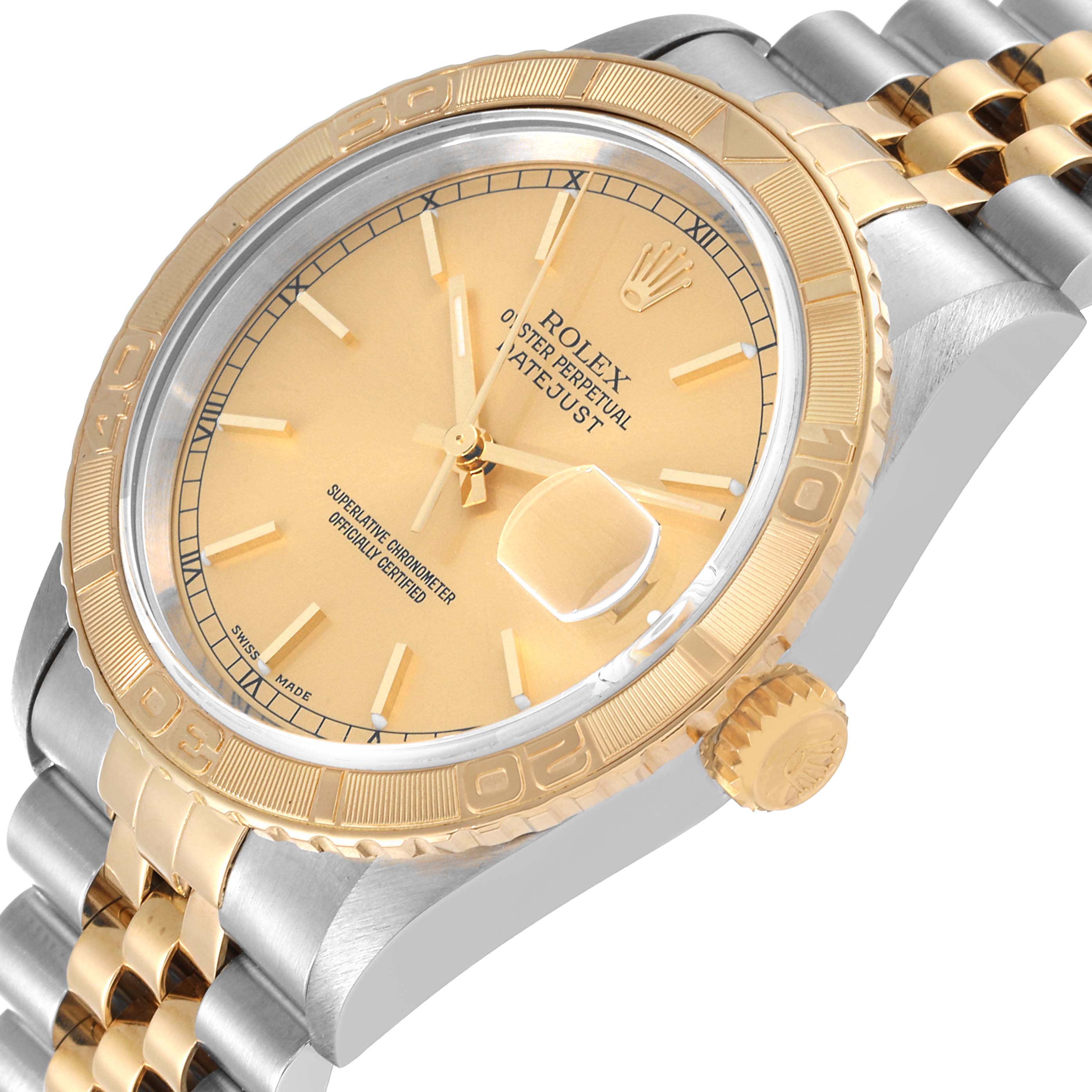 The image shows a Rolex Turn-o-Graph 16263 Men's Steel and Gold (two tone) Champagne Dial 16263 Men's Steel and Gold (two tone) Champagne Dial watch at an angled side view, highlighting the gold bezel and two-tone bracelet.
