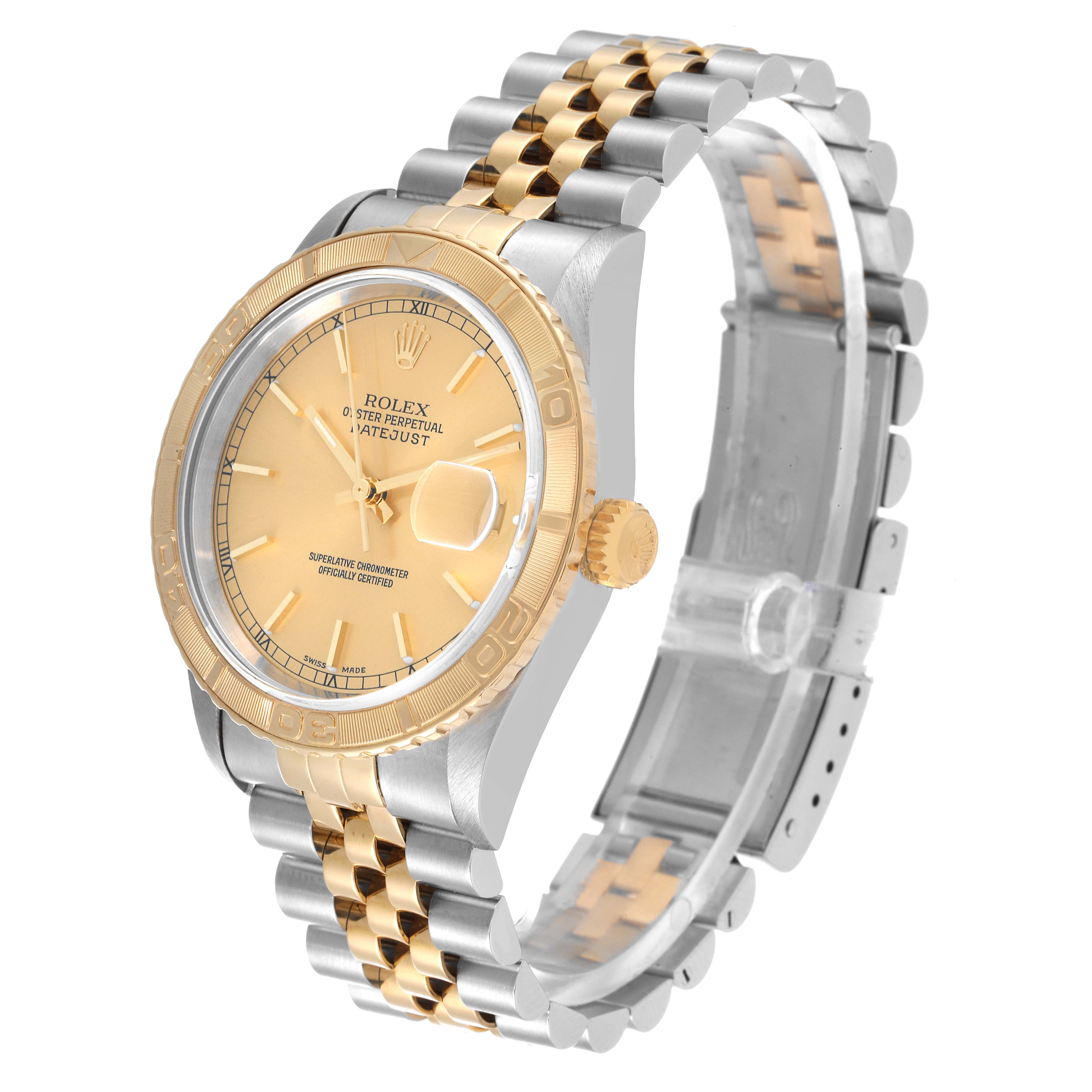 This image shows a Rolex Turn-o-Graph 16263 Men's Steel and Gold (two tone) Champagne Dial 16263 Men's Steel and Gold (two tone) Champagne Dial watch at a three-quarter angle, highlighting the face, bezel, crown, and two-tone bracelet.