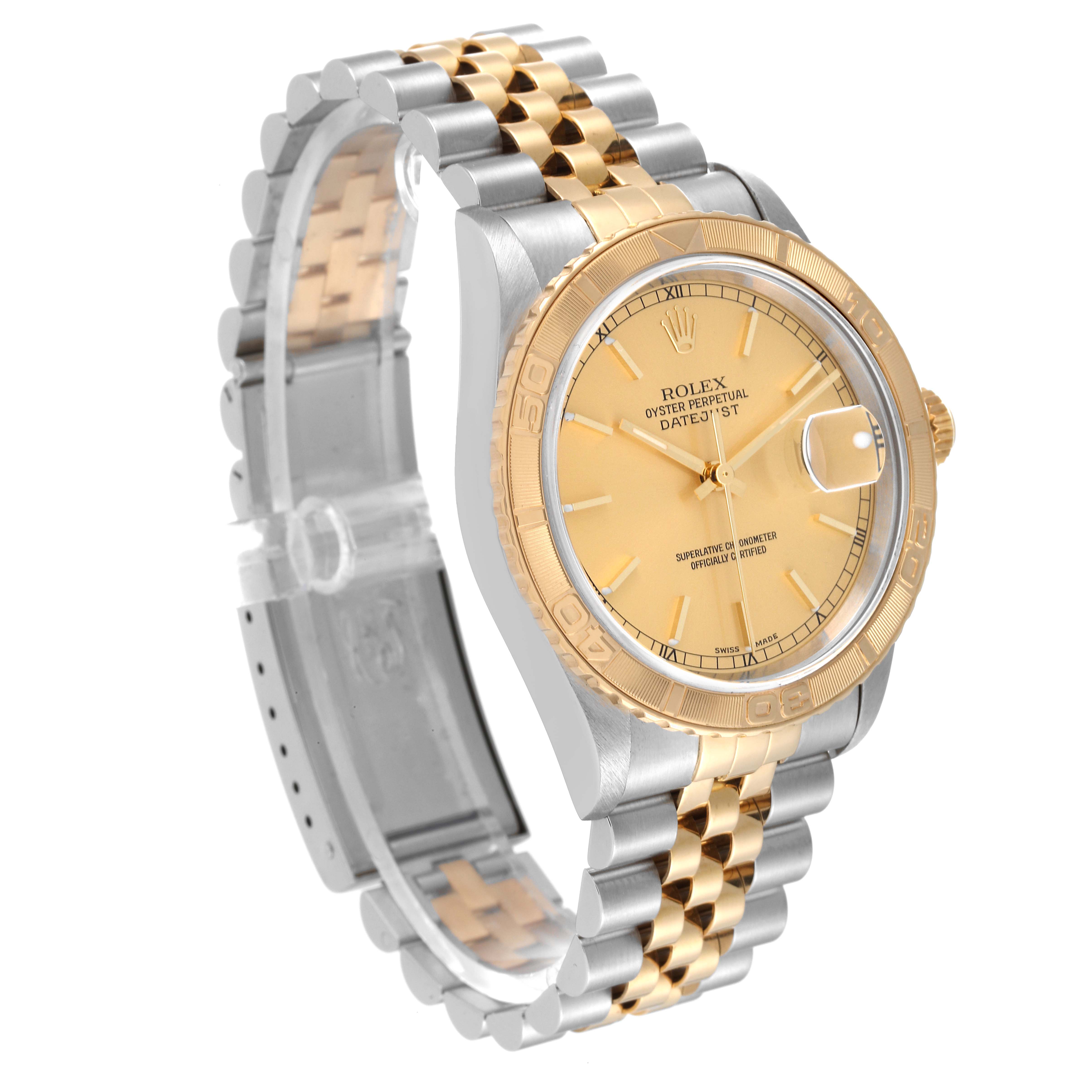 The image shows a Rolex Turn-o-Graph 16263 Men's Steel and Gold (two tone) Champagne Dial 16263 Men's Steel and Gold (two tone) Champagne Dial model at a three-quarters angle, featuring its dial, bezel, and metal bracelet.