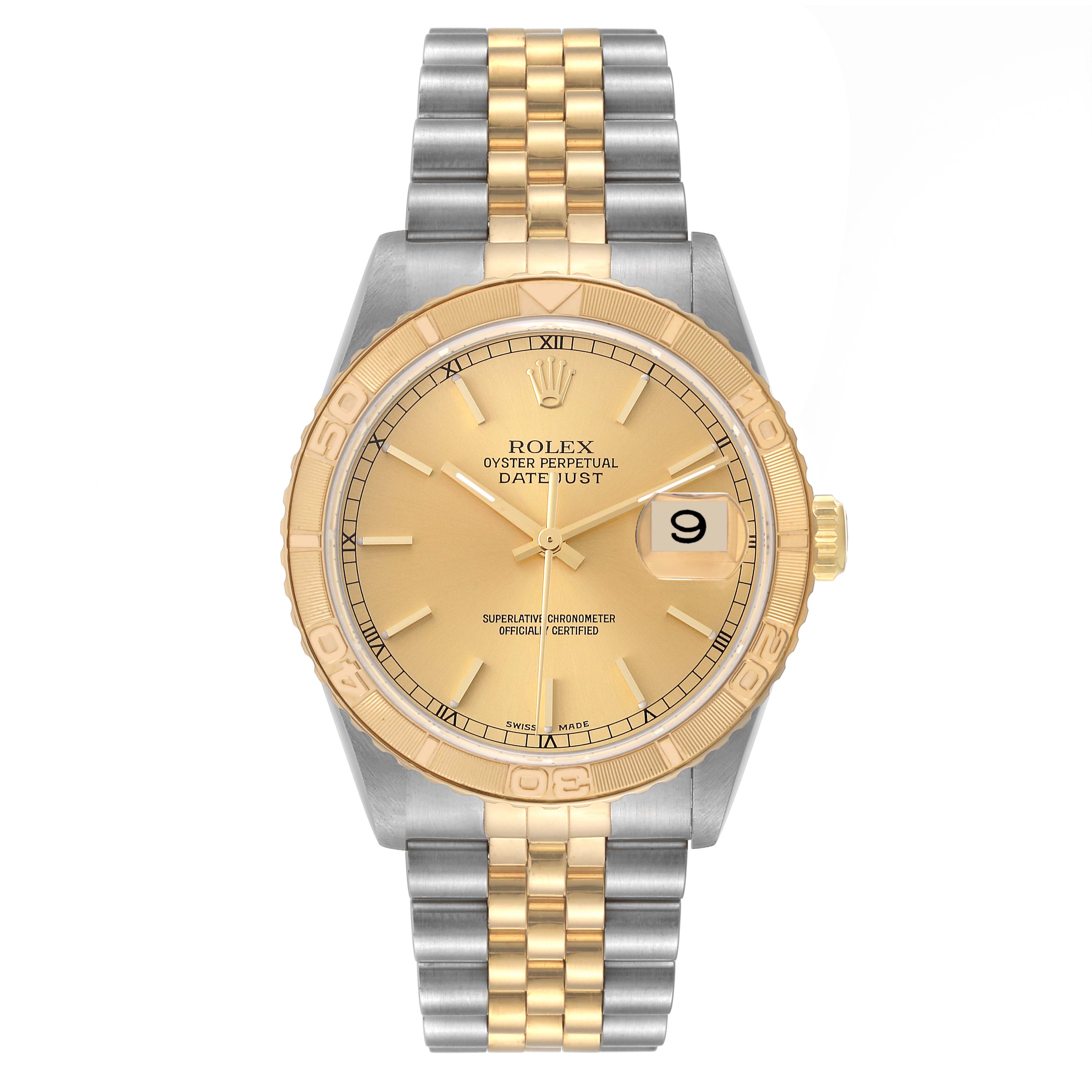 The image shows a Rolex Turn-o-Graph 16263 Men's Steel and Gold (two tone) Champagne Dial 16263 Men's Steel and Gold (two tone) Champagne Dial Datejust watch from a front angle, highlighting the dial, bezel, and two-tone bracelet.