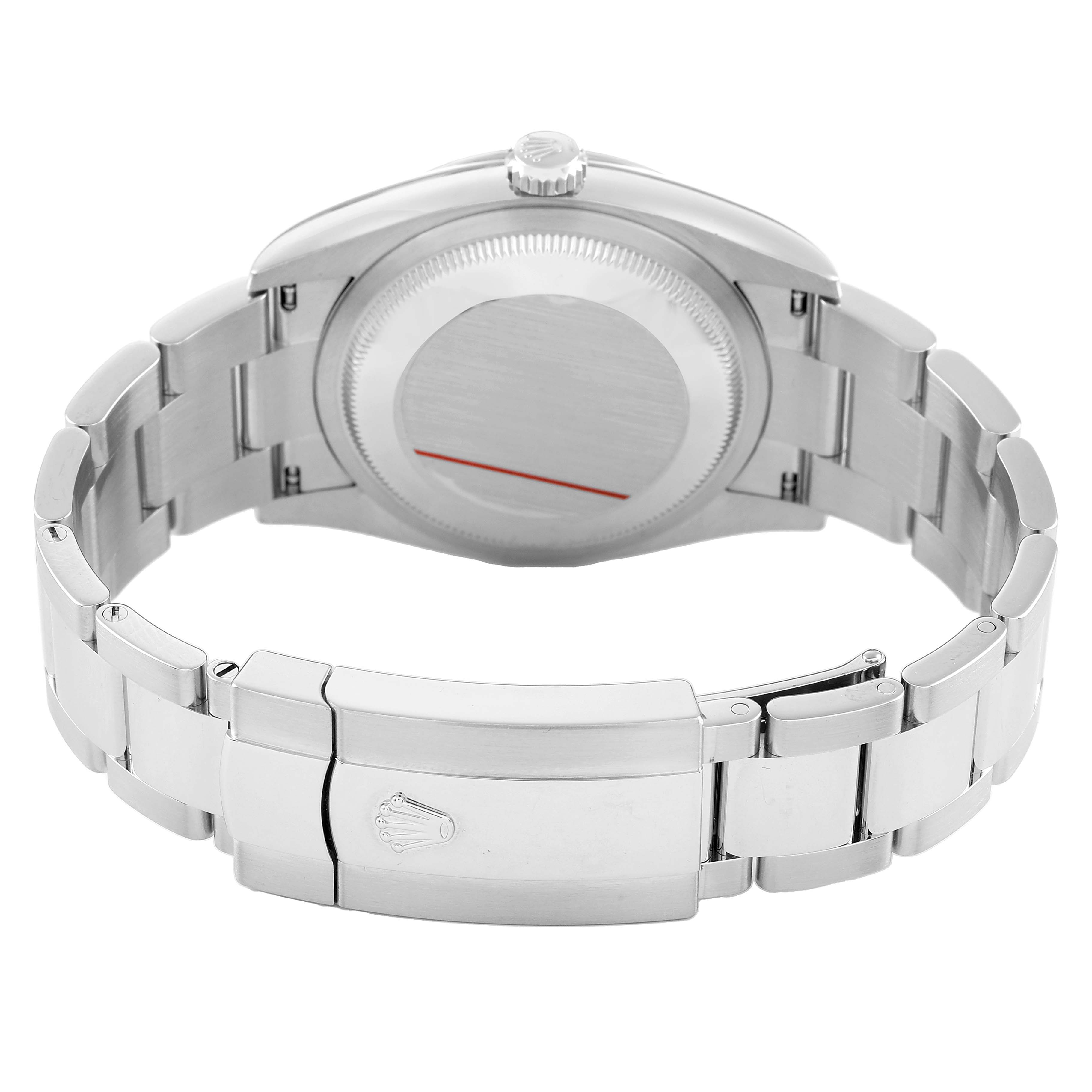 The image shows the back case and bracelet clasp of a Rolex Datejust 126234 Men's Stainless Steel Grey Dial watch from the rear angle.