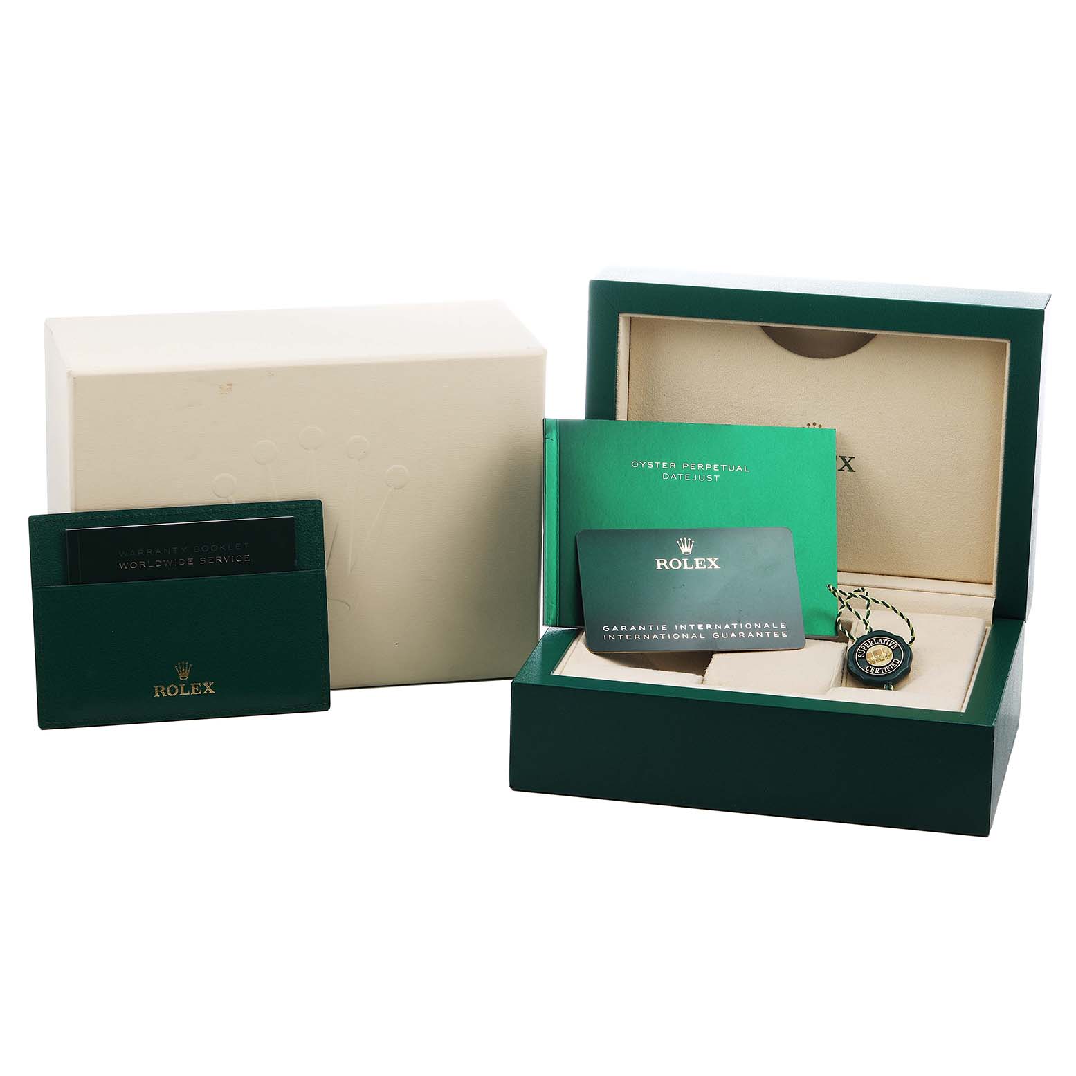 The image shows packaging and accessories for a Rolex Datejust 126234 Men's Stainless Steel Grey Dial, including boxes and booklets, viewed from a front angle.