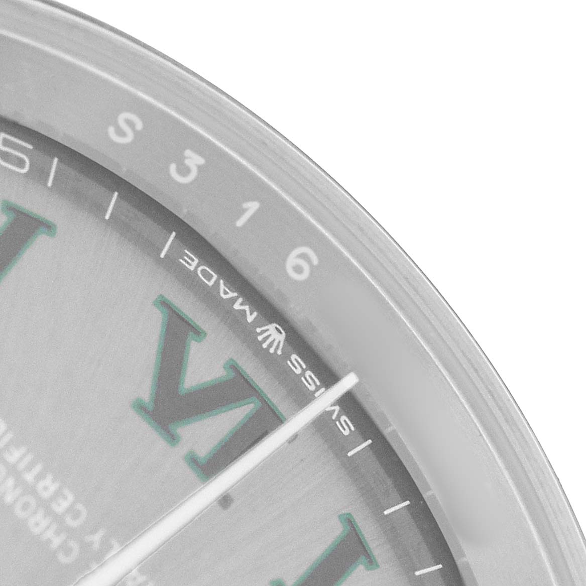 The close-up image shows the edge of the dial and bezel of a Rolex Datejust 126234 Men's Stainless Steel Grey Dial, highlighting "Swiss Made" and part of the hour marker.