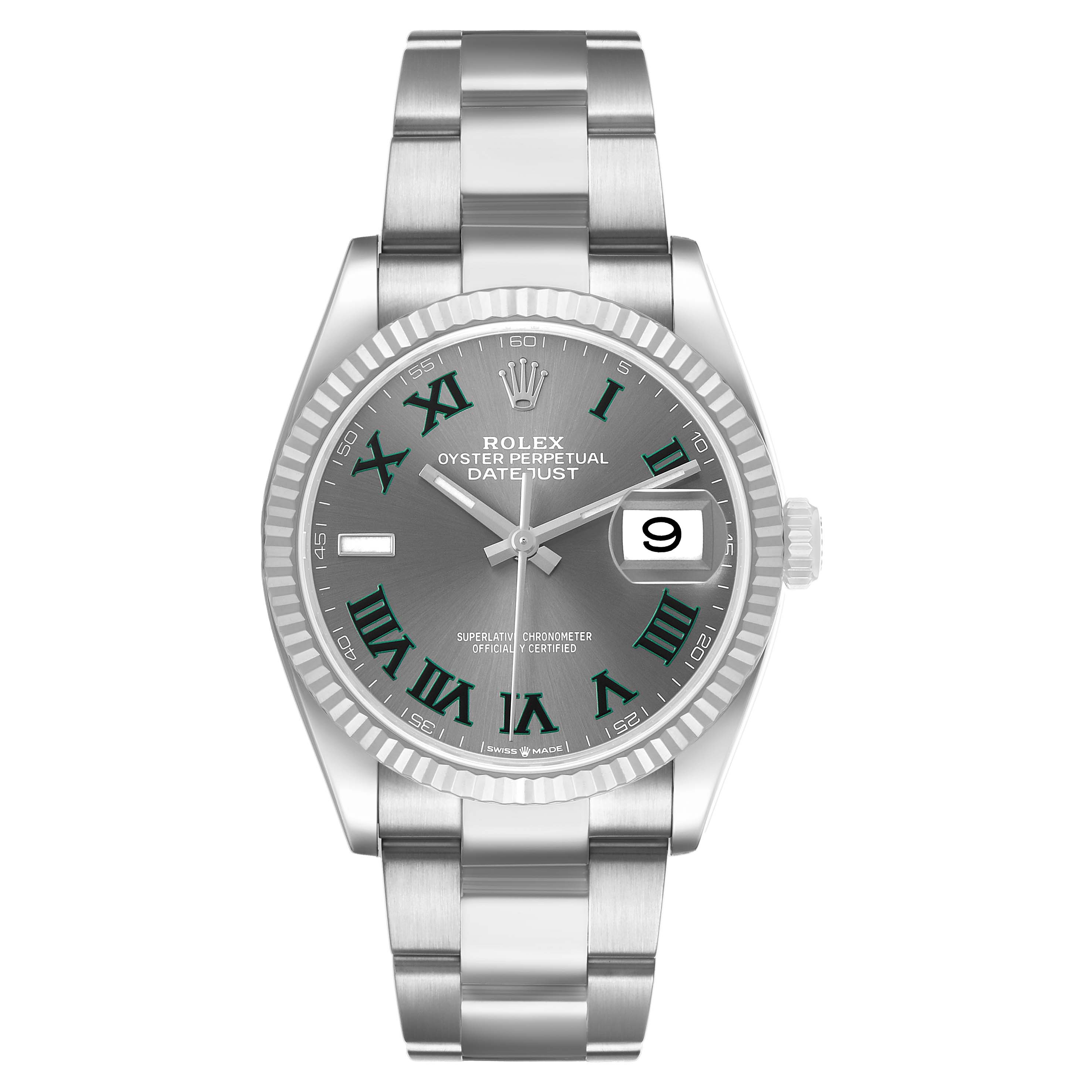 The Rolex Datejust 126234 Men's Stainless Steel Grey Dial watch is shown from a front angle, displaying its dial, fluted bezel, and oyster bracelet.