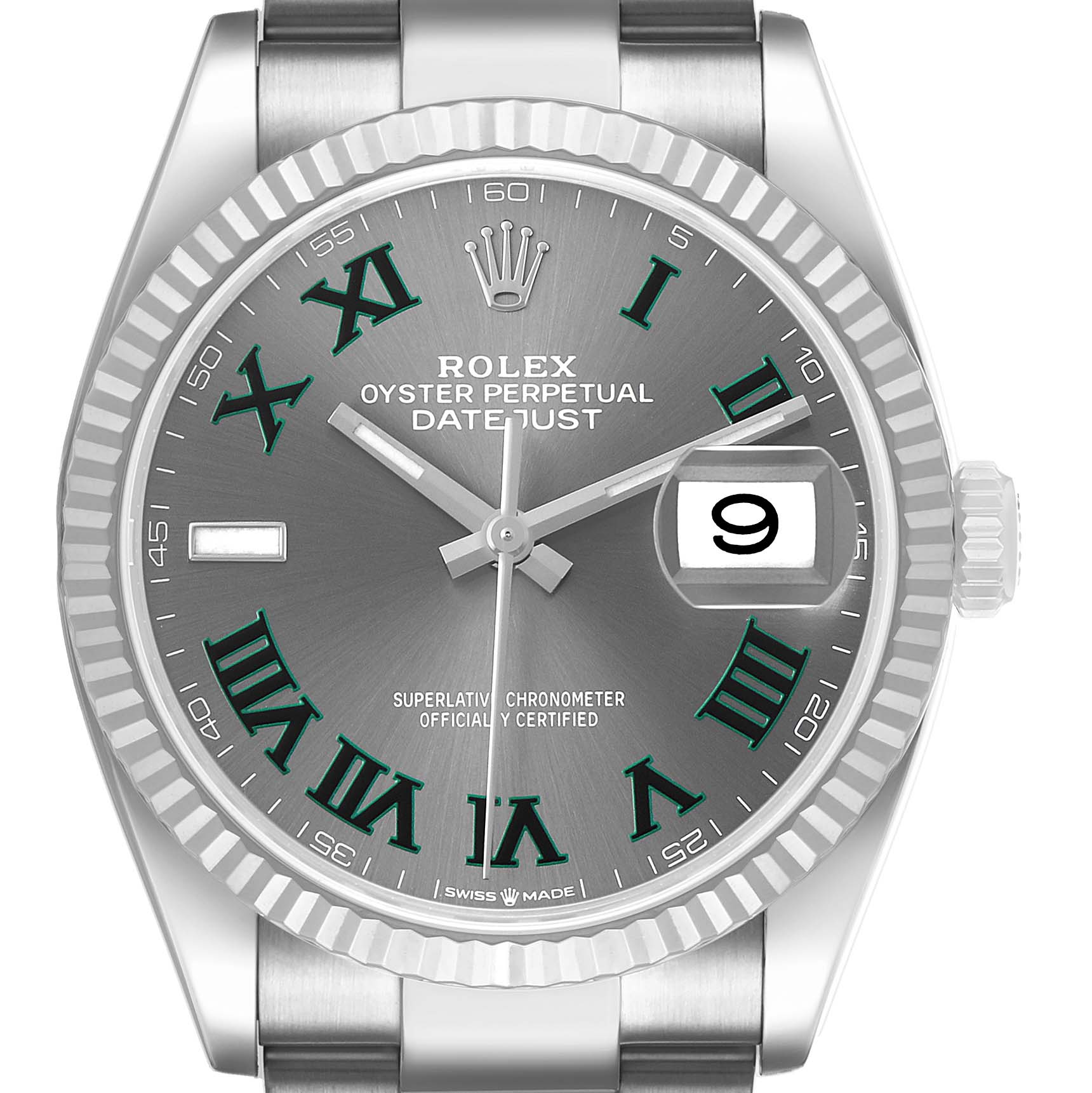 The Rolex Datejust 126234 Men's Stainless Steel Grey Dial watch is shown from a front angle, displaying the dial, hands, bezel, and part of the bracelet.