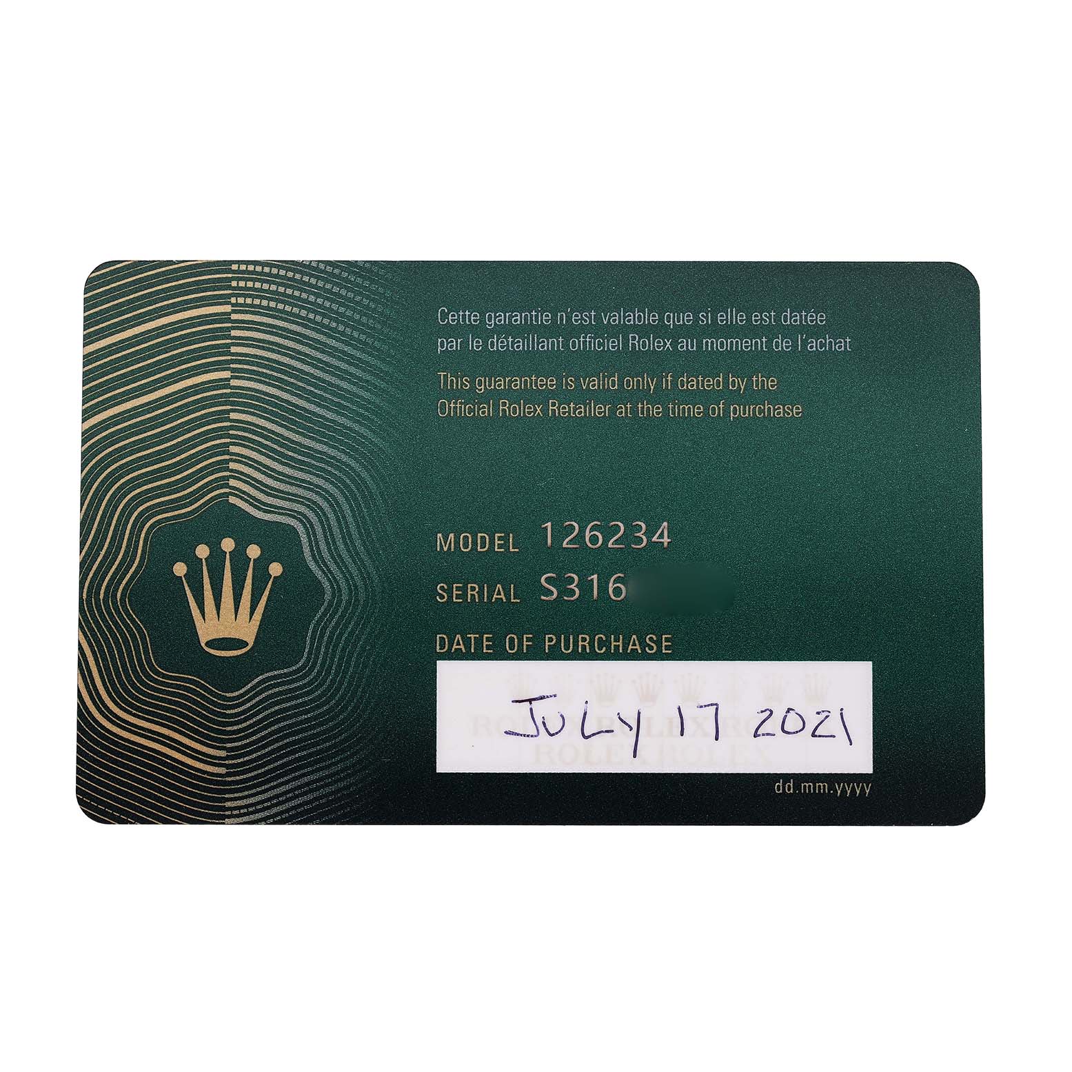 The image shows a warranty card for a Rolex Datejust 126234 Men's Stainless Steel Grey Dial model, displaying model and serial numbers.