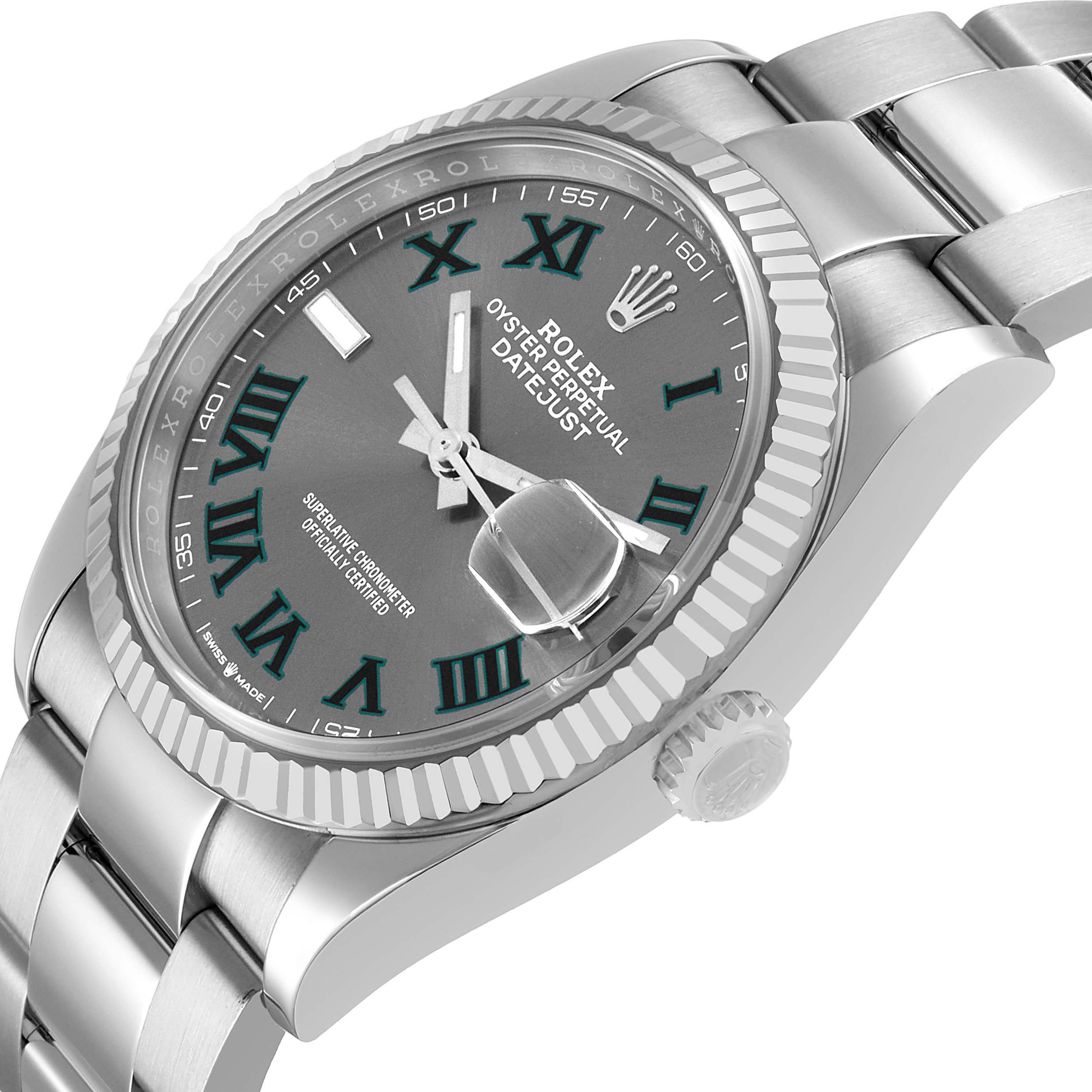 The Rolex Datejust 126234 Men's Stainless Steel Grey Dial watch is shown at an angle displaying the dial, bezel, crown, and part of the bracelet.