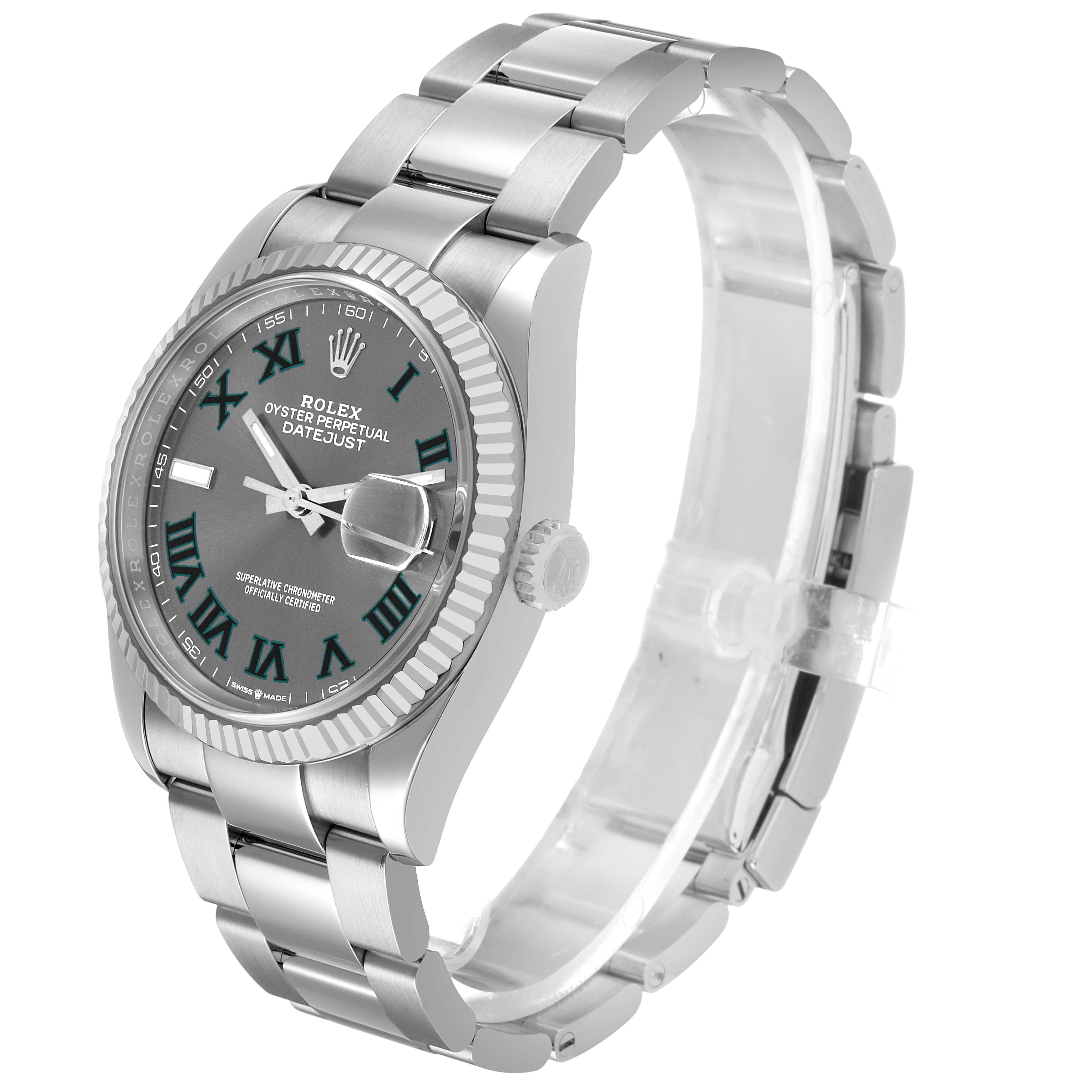 The Rolex Datejust 126234 Men's Stainless Steel Grey Dial watch is shown at a three-quarter angle, highlighting the bracelet, bezel, dial, crown, and date magnifier.