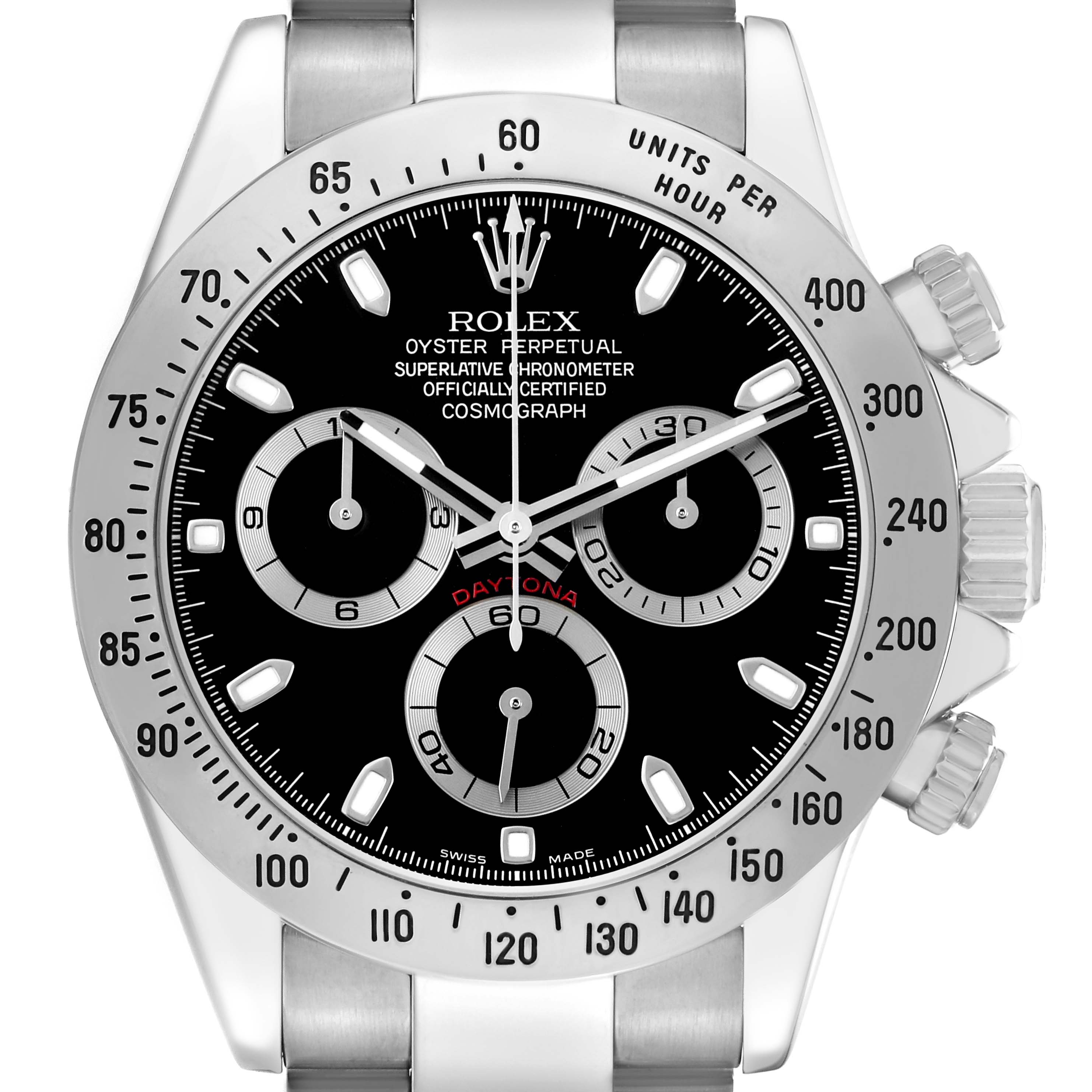 The Rolex Daytona 116520 Men's Stainless Steel Black Dial watch is shown from a top-down angle, highlighting its dial, bezel, and chronograph sub-dials.