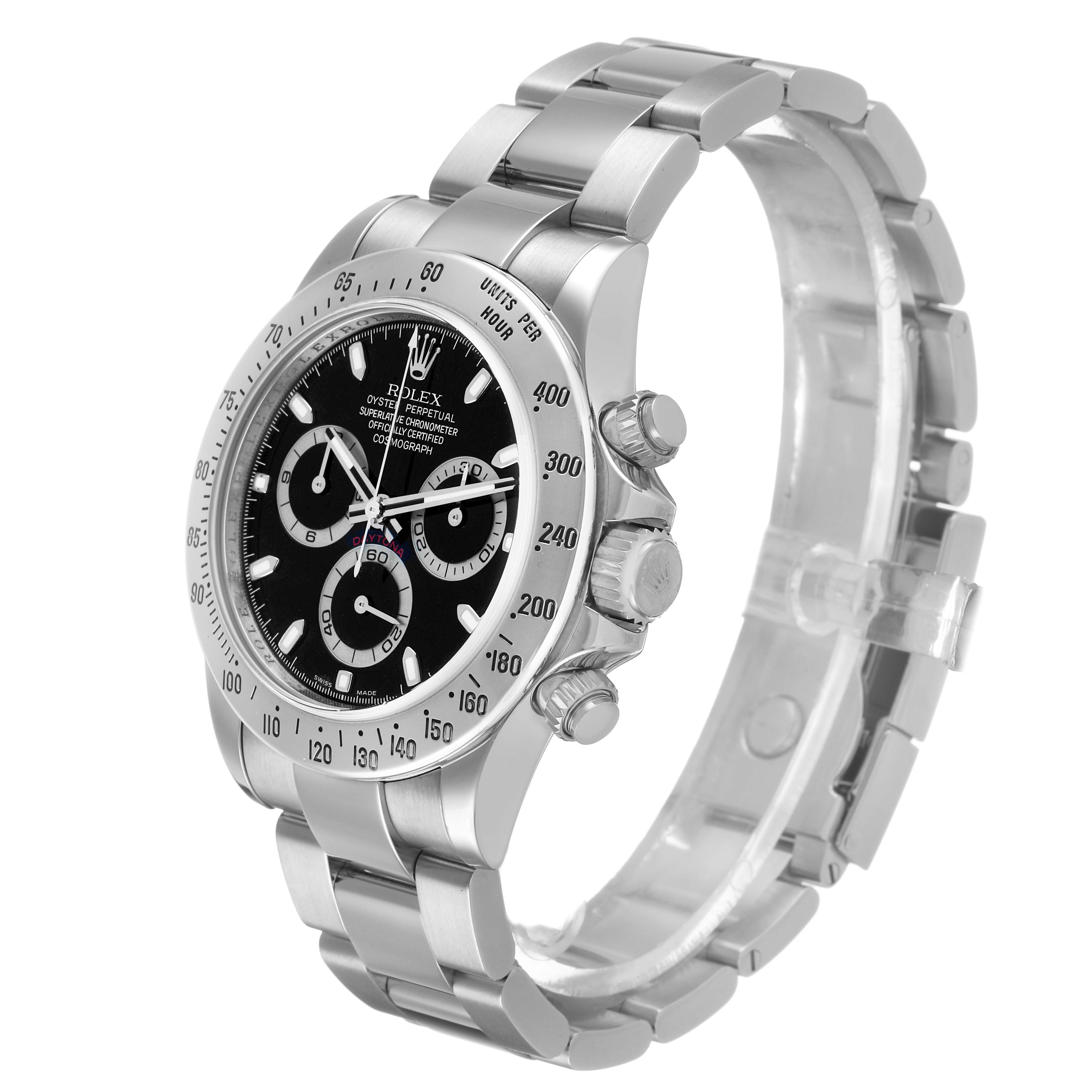 The Rolex Daytona 116520 Men's Stainless Steel Black Dial watch is shown at a three-quarter angle, highlighting its face, bezel, crown, and bracelet.
