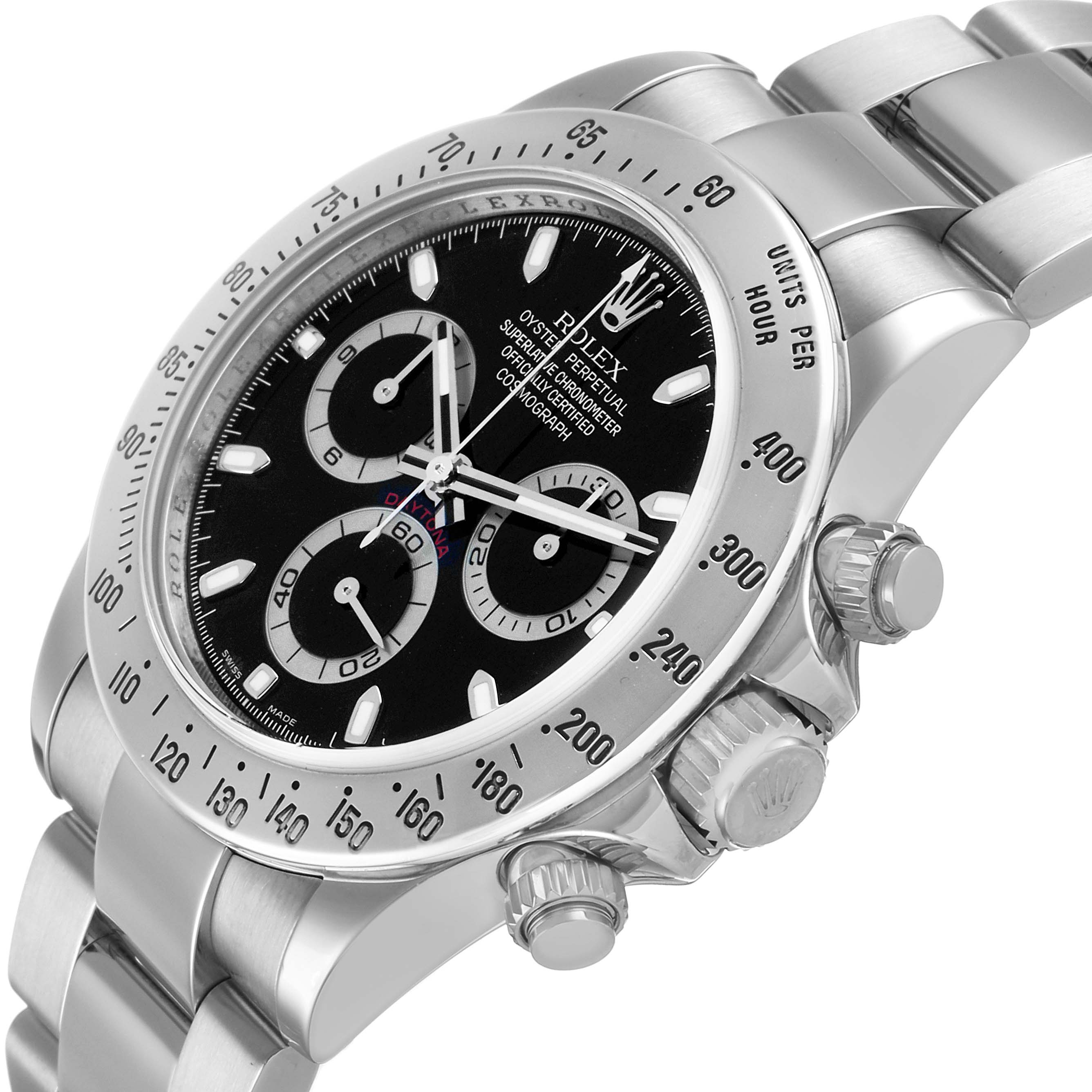 The Rolex Daytona 116520 Men's Stainless Steel Black Dial watch is shown from a side angle, highlighting the dial, bezel, crown, and part of the bracelet.