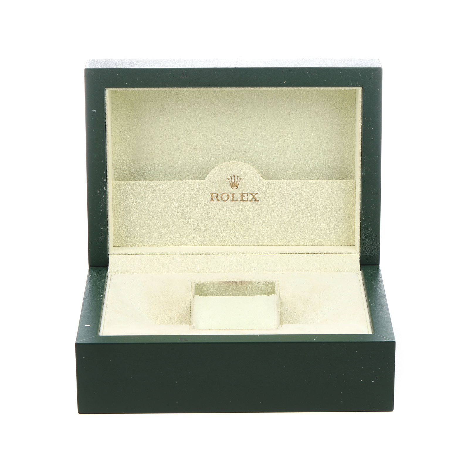 The image shows an open Rolex Daytona 116520 Men's Stainless Steel Black Dial watch box, viewed from the front, with the Rolex logo inside.
