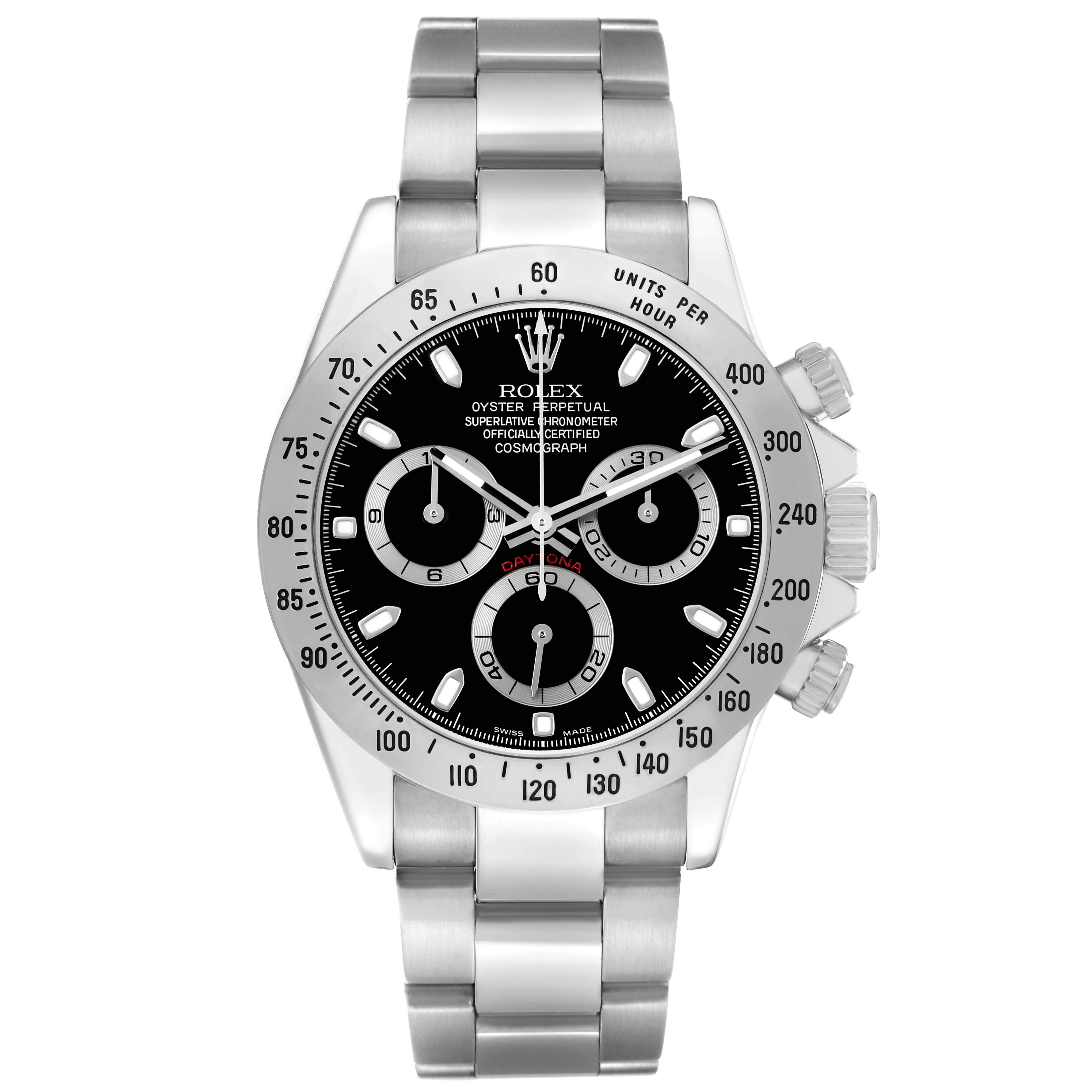 The Rolex Daytona 116520 Men's Stainless Steel Black Dial watch is shown from the front, displaying its dial, bezel, and bracelet.