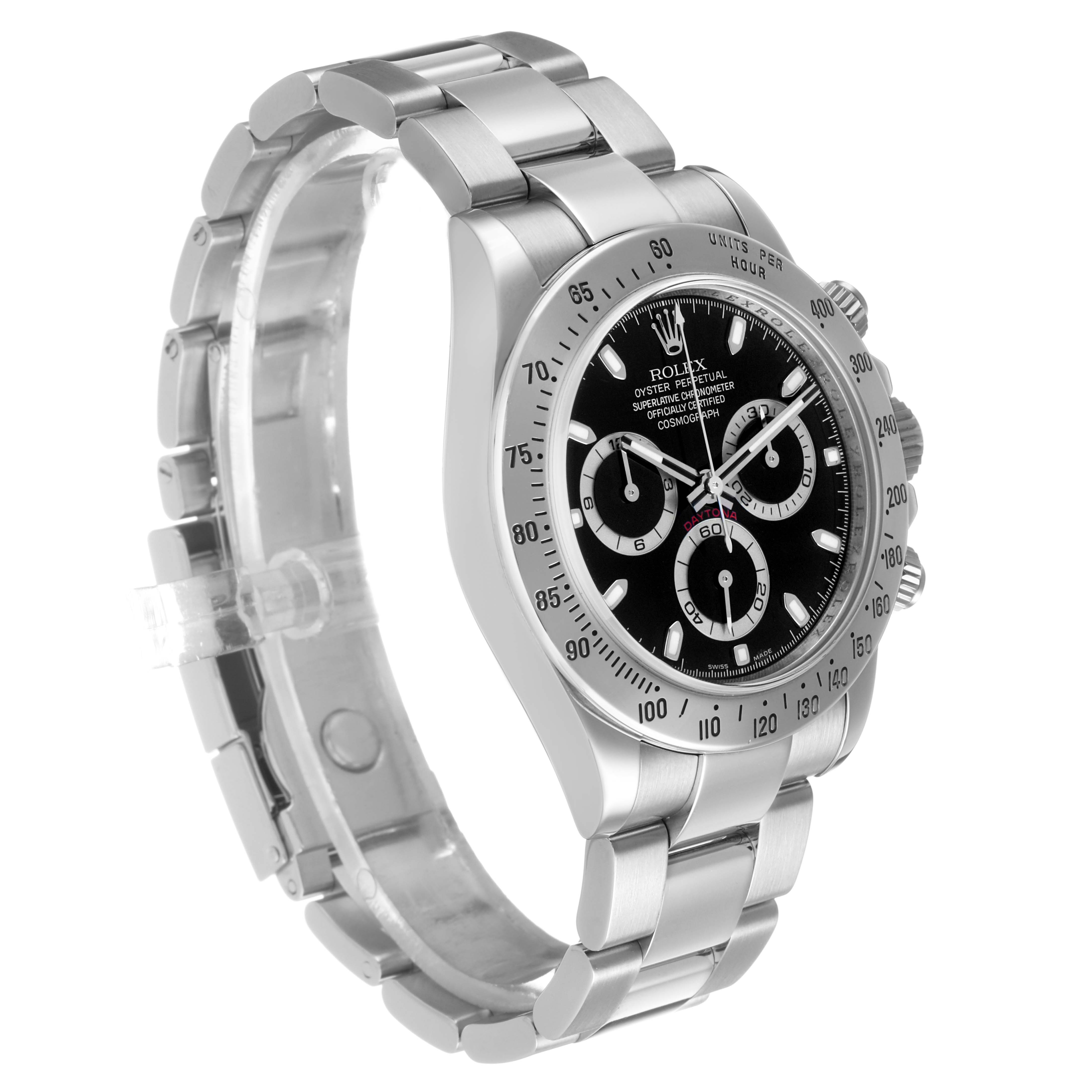 The Rolex Daytona 116520 Men's Stainless Steel Black Dial is shown at a three-quarter angle, highlighting the bezel, dial, subdials, and bracelet.